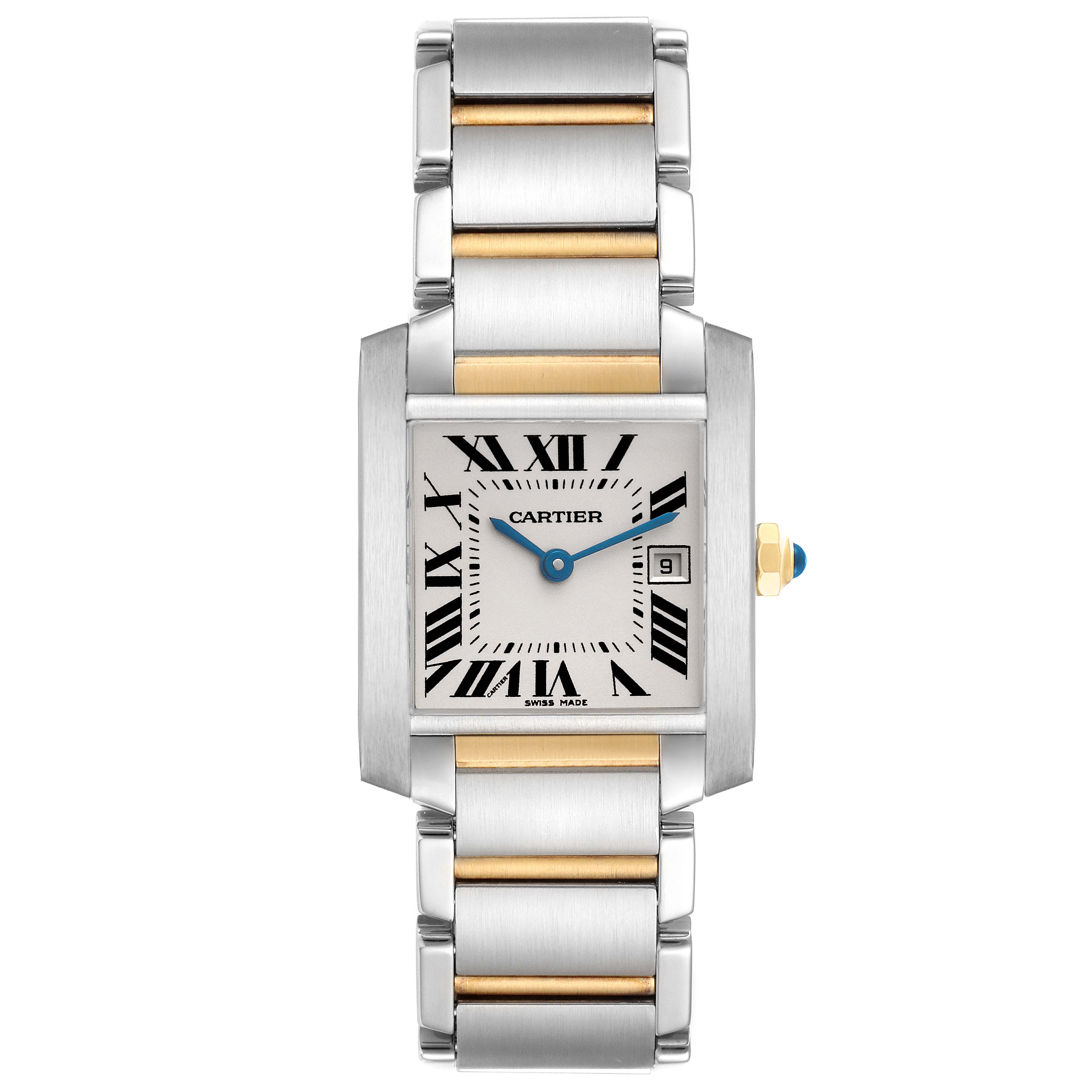 The image shows a Cartier Tank Française watch from a direct front view, highlighting its face, crown, and two-tone bracelet.