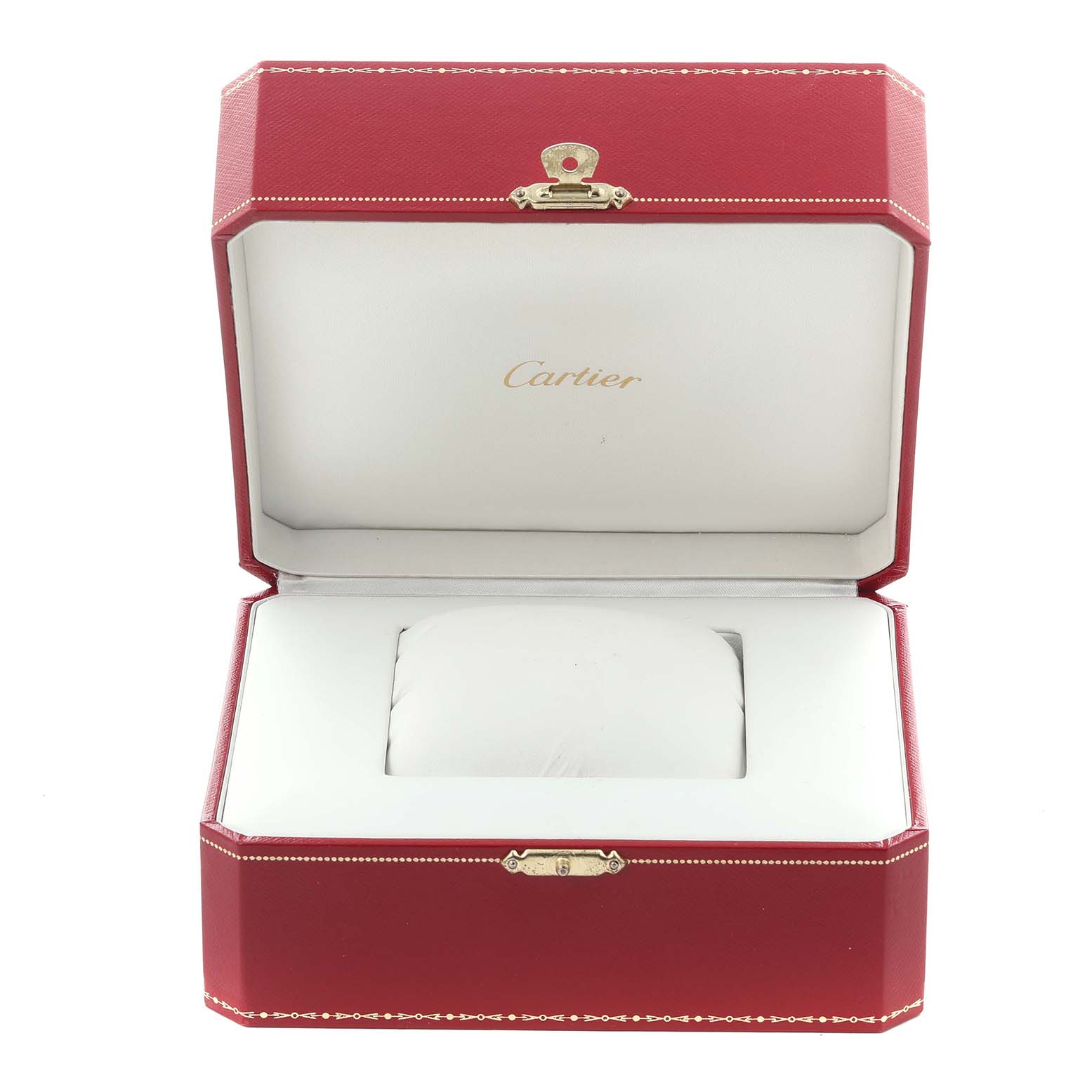 The image shows a Cartier Tank Francaise W51012Q4 Women's Steel and Gold (two tone) Silver Dial W51012Q4 Women's Steel and Gold (two tone) Silver Dial watch box open, revealing a cushion inside.