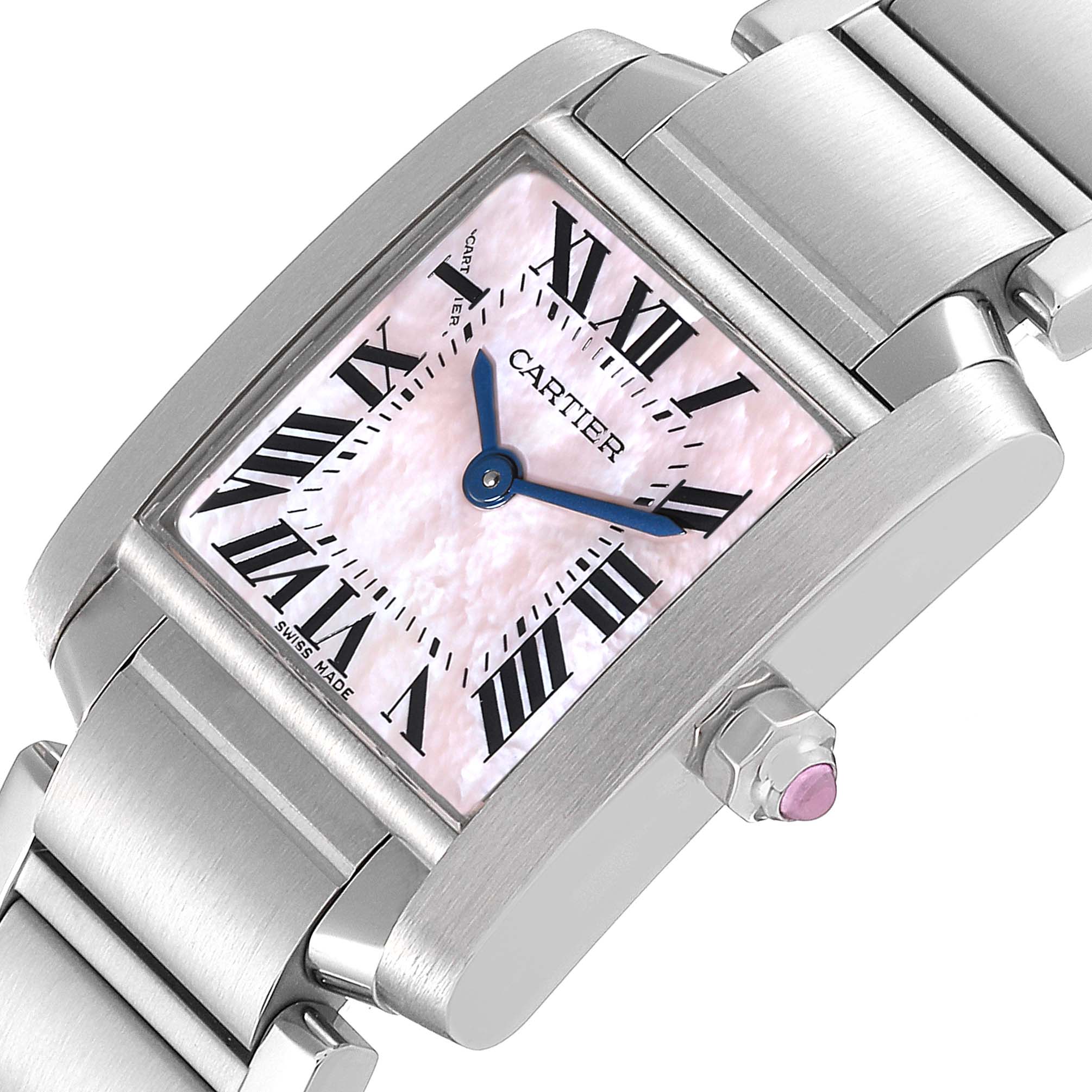 The image shows the face and part of the bracelet of a Cartier Tank Française watch at an angled close-up.
