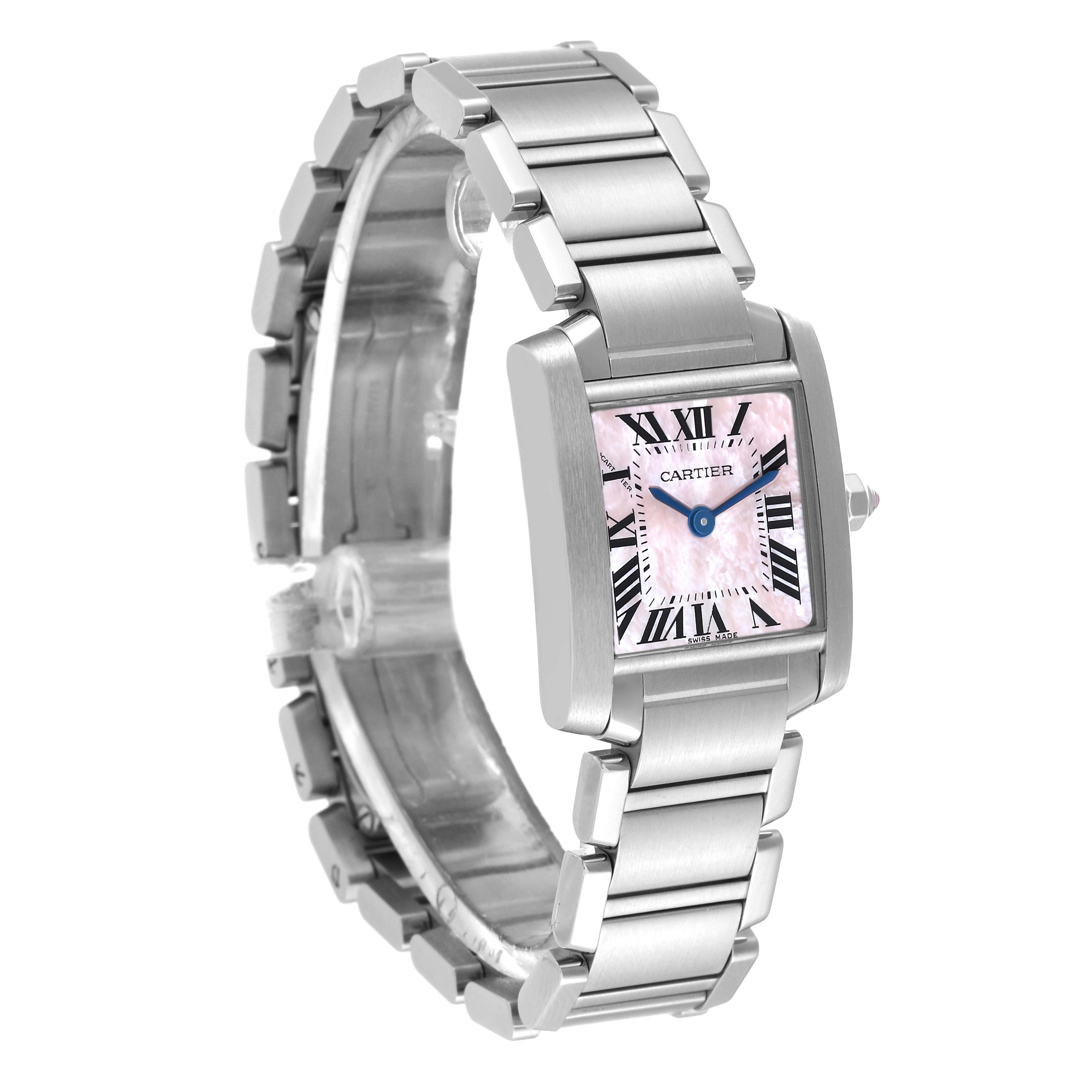 This image shows a Cartier Tank Francaise W51028Q3 Women's Stainless Steel Mother of Pearl Dial W51028Q3 Women's Stainless Steel Mother of Pearl Dial watch at a three-quarter view, highlighting its face, case, and bracelet.