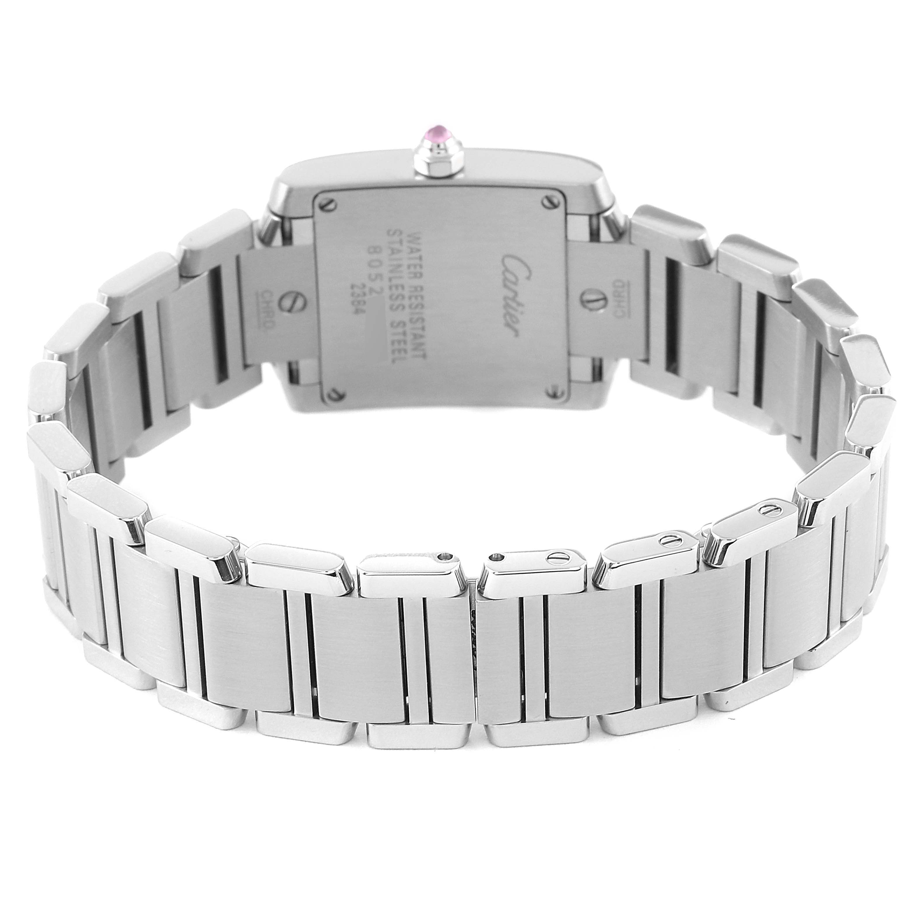 This image shows the back of a Tank Française by Cartier, highlighting the case back and stainless steel bracelet.