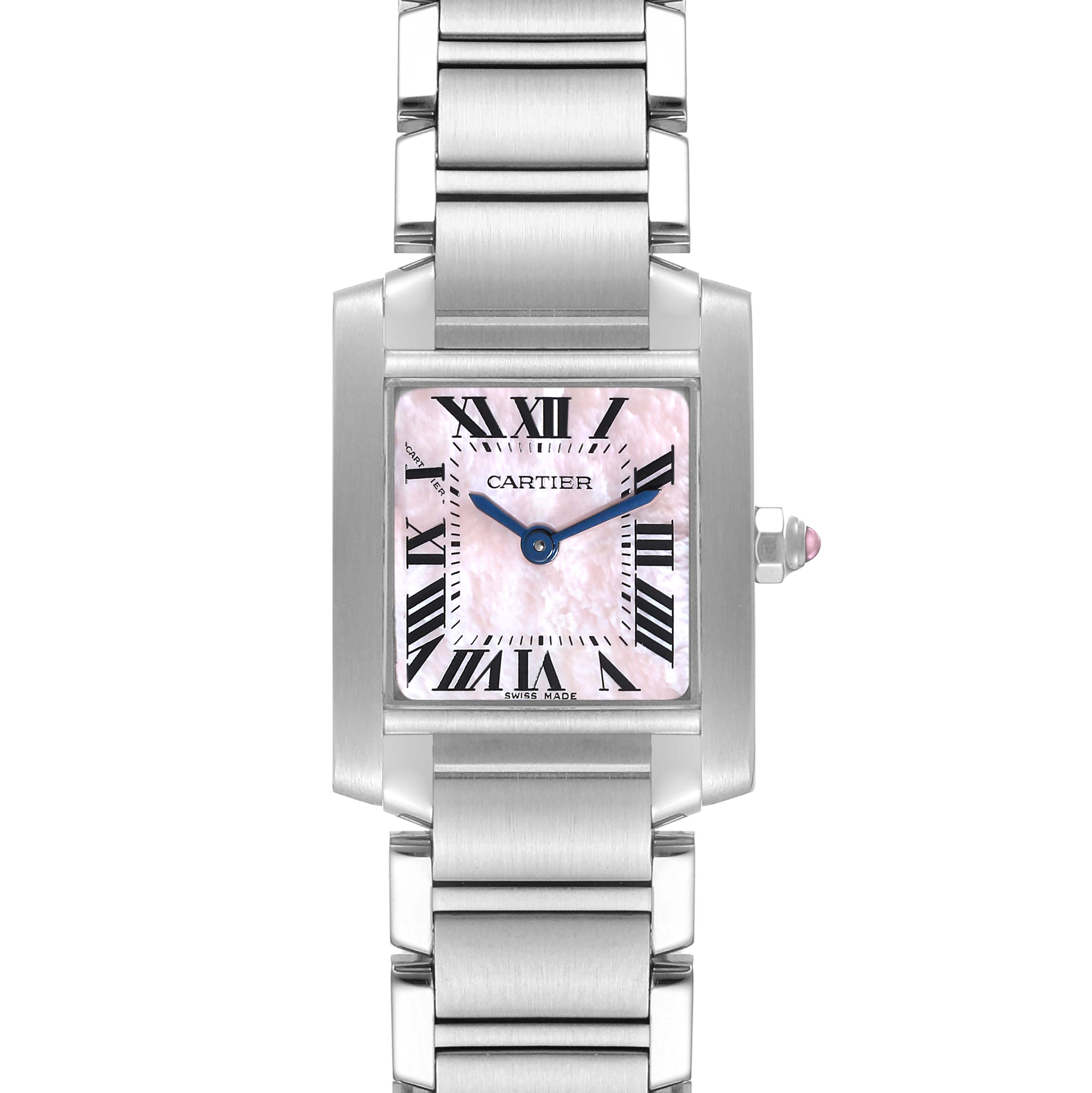 The image shows a front view of the Cartier Tank Française watch, highlighting its face, Roman numerals, and stainless steel bracelet.