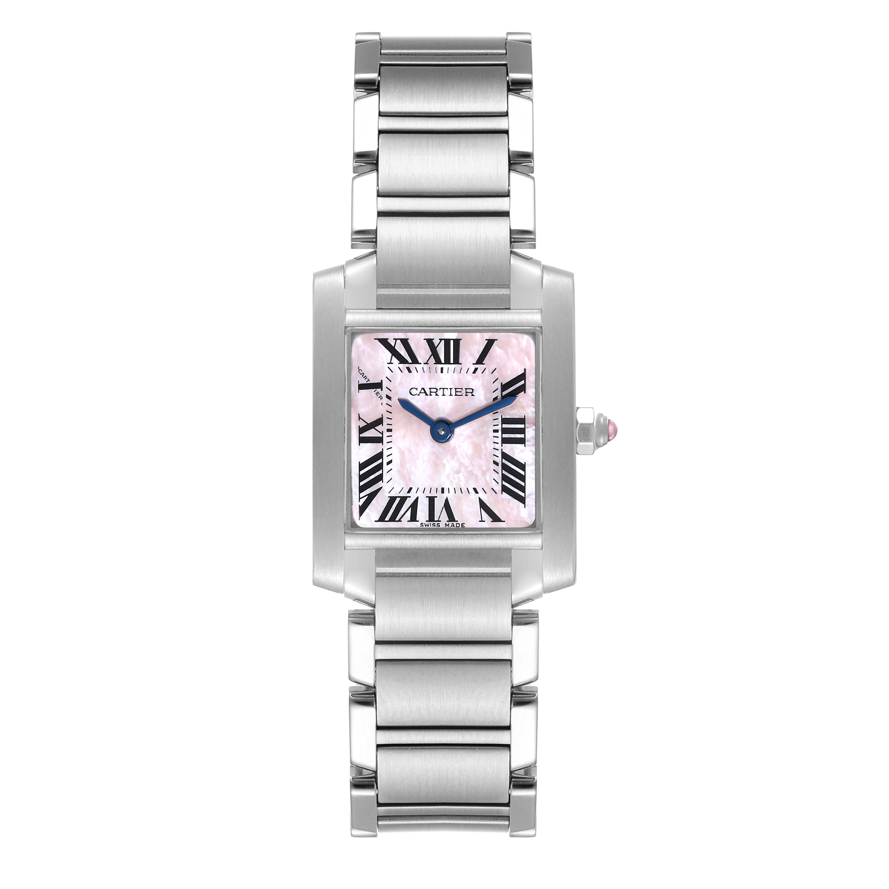 The Cartier Tank Française watch is shown from a front angle, displaying the face, bracelet, and crown.