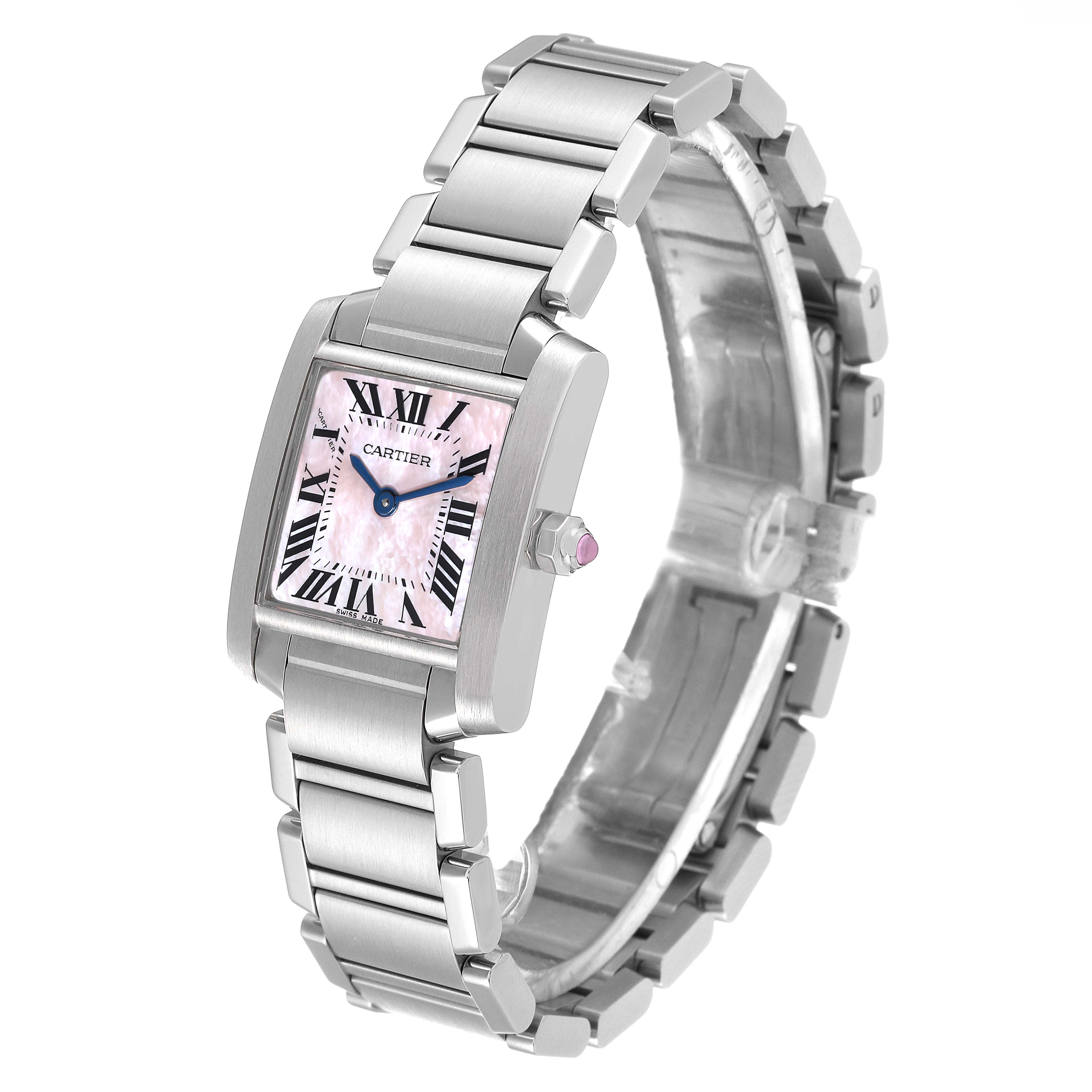 The image shows a Tank Francaise model by Cartier from an angled front view, displaying its face and metal bracelet.