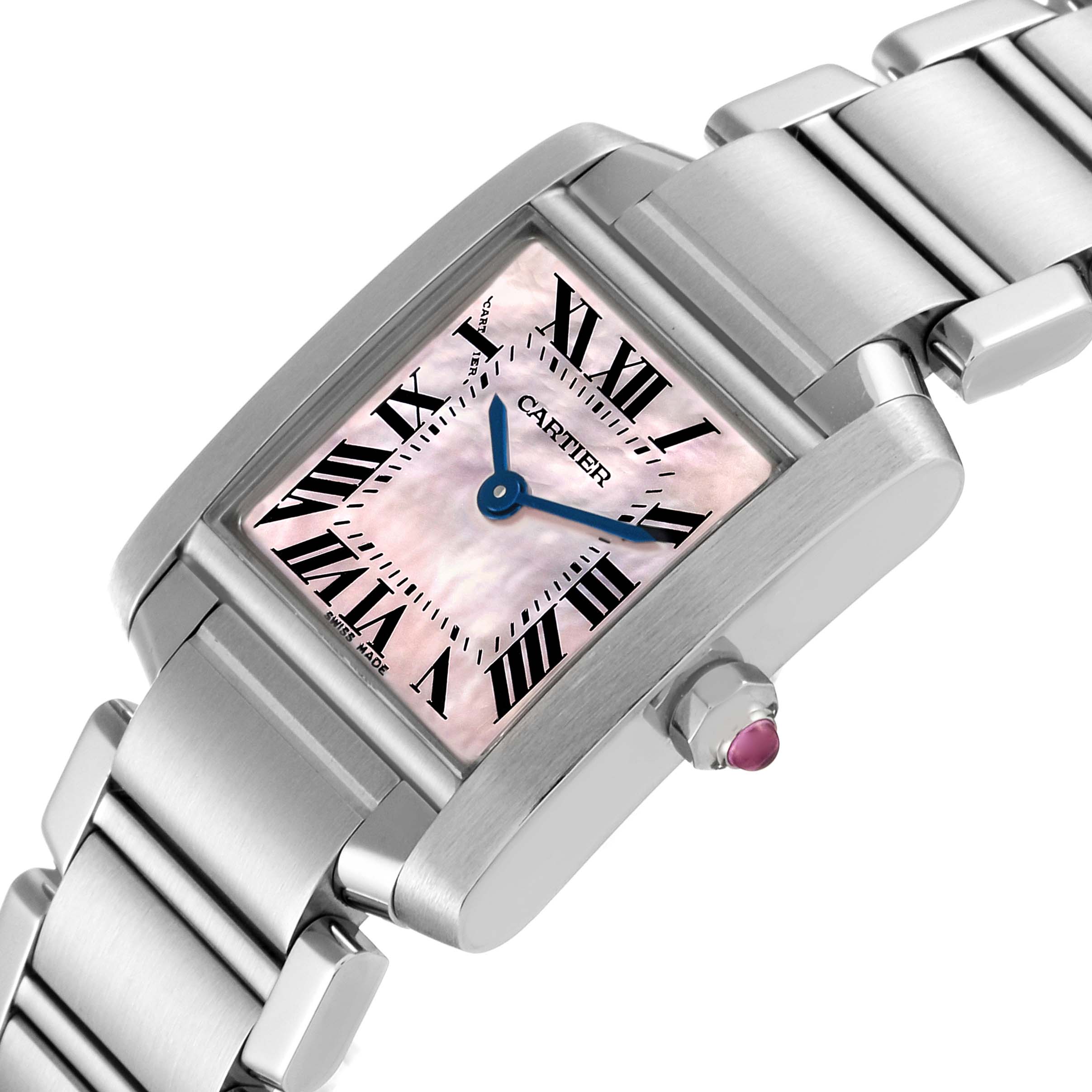 The image shows a Cartier Tank Francaise W51028Q3 Women's Stainless Steel Mother of Pearl Dial W51028Q3 Women's Stainless Steel Mother of Pearl Dial watch at an angle highlighting the face and part of the bracelet.