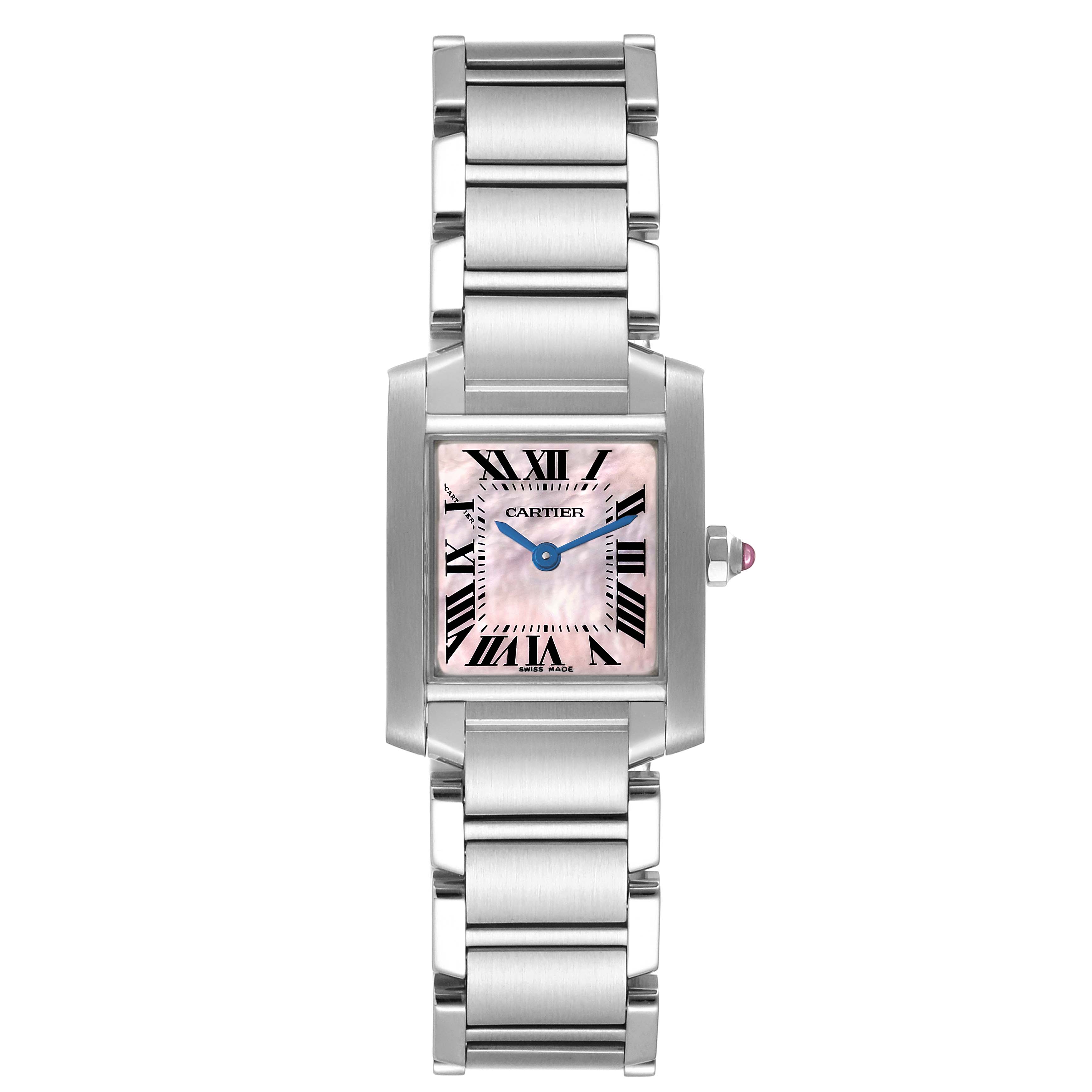 This image shows a full frontal view of the Cartier Tank Francaise W51028Q3 Women's Stainless Steel Mother of Pearl Dial W51028Q3 Women's Stainless Steel Mother of Pearl Dial watch, displaying its bracelet, face, and crown.