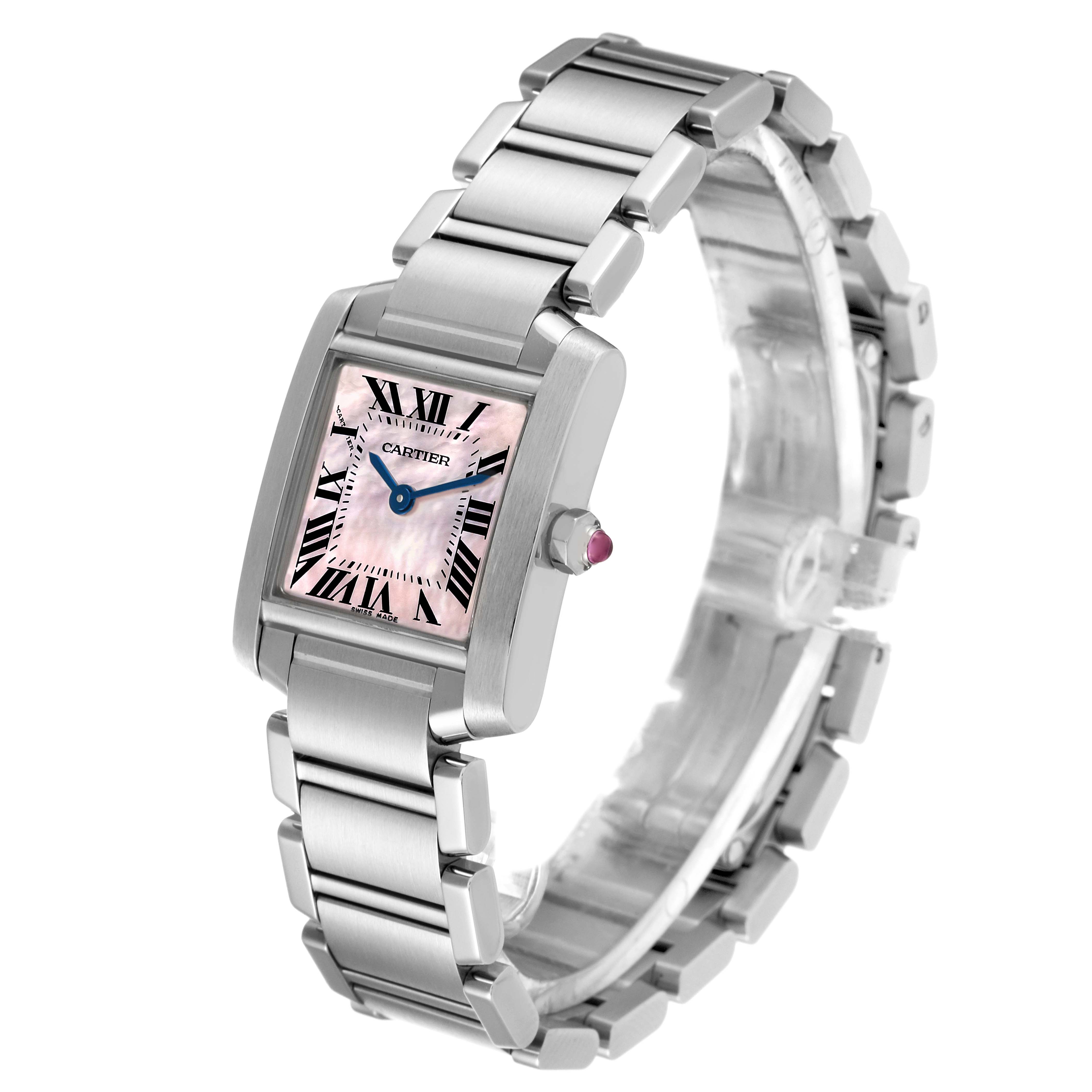 The image shows a Cartier Tank Francaise W51028Q3 Women's Stainless Steel Mother of Pearl Dial W51028Q3 Women's Stainless Steel Mother of Pearl Dial watch angled to display its face, crown, and stainless steel bracelet.