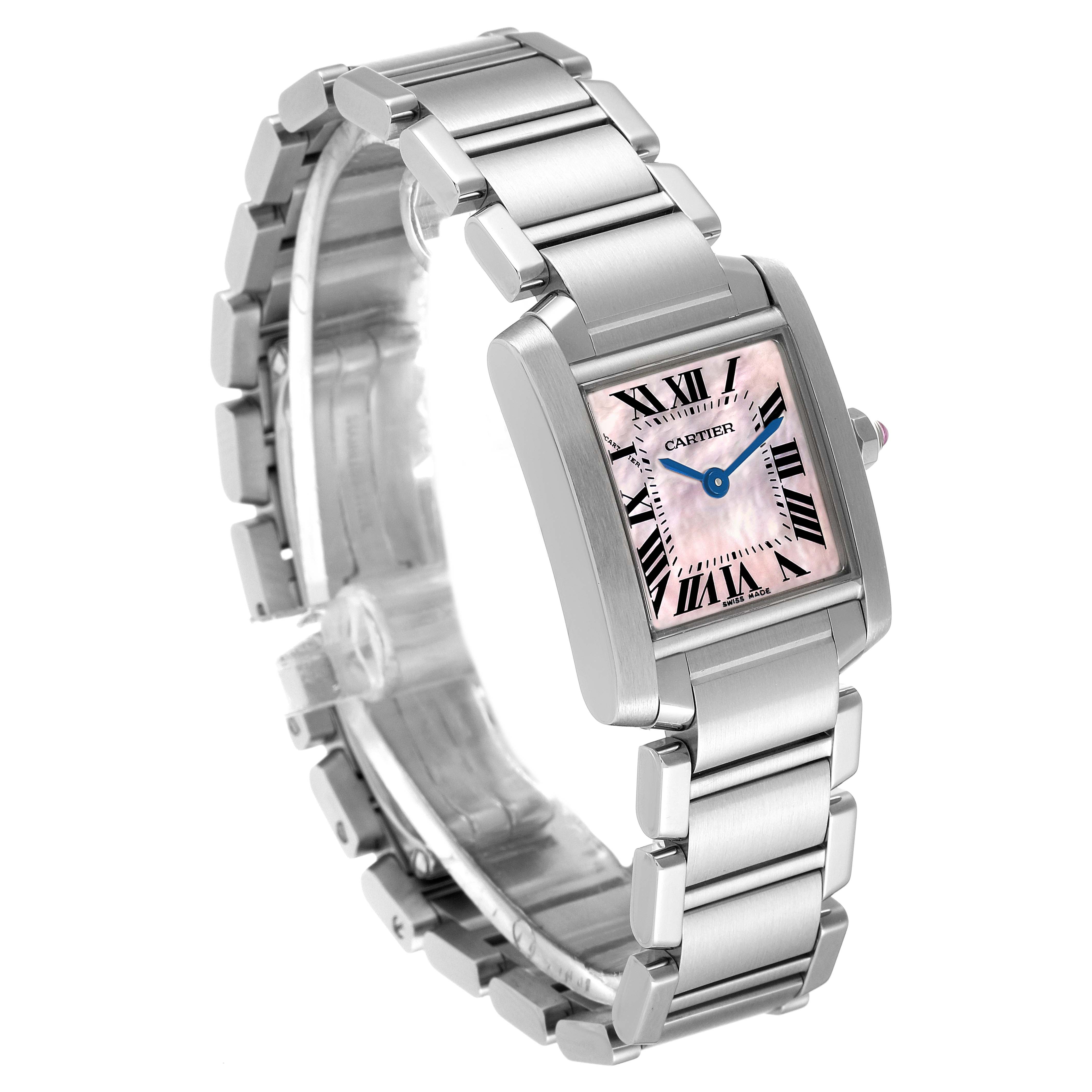 This image shows a Cartier Tank Française watch at a slight angle, highlighting its rectangular face and linked bracelet.