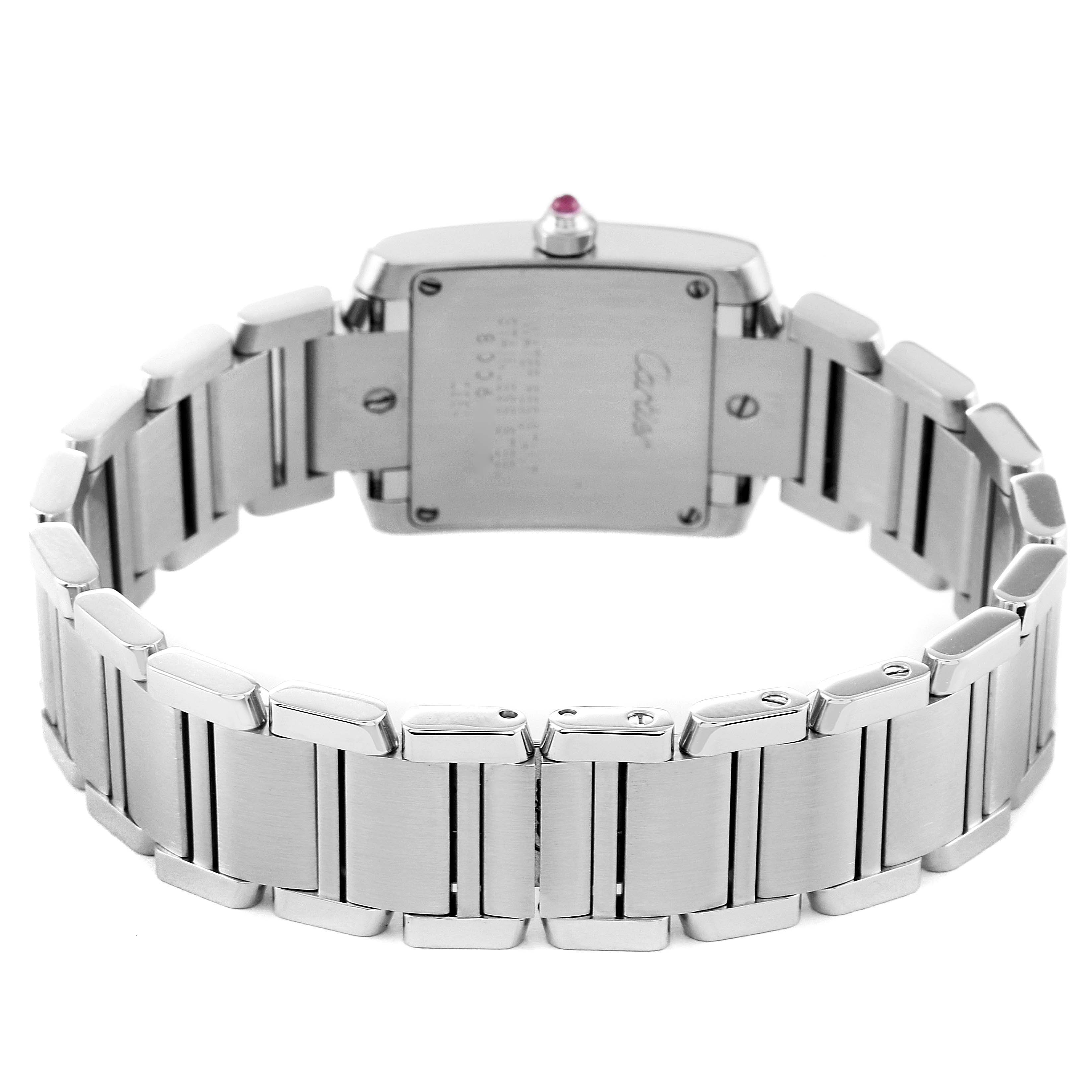 This image shows the back and bracelet of a Cartier Tank Francaise W51028Q3 Women's Stainless Steel Mother of Pearl Dial W51028Q3 Women's Stainless Steel Mother of Pearl Dial watch from a slightly elevated rear angle.