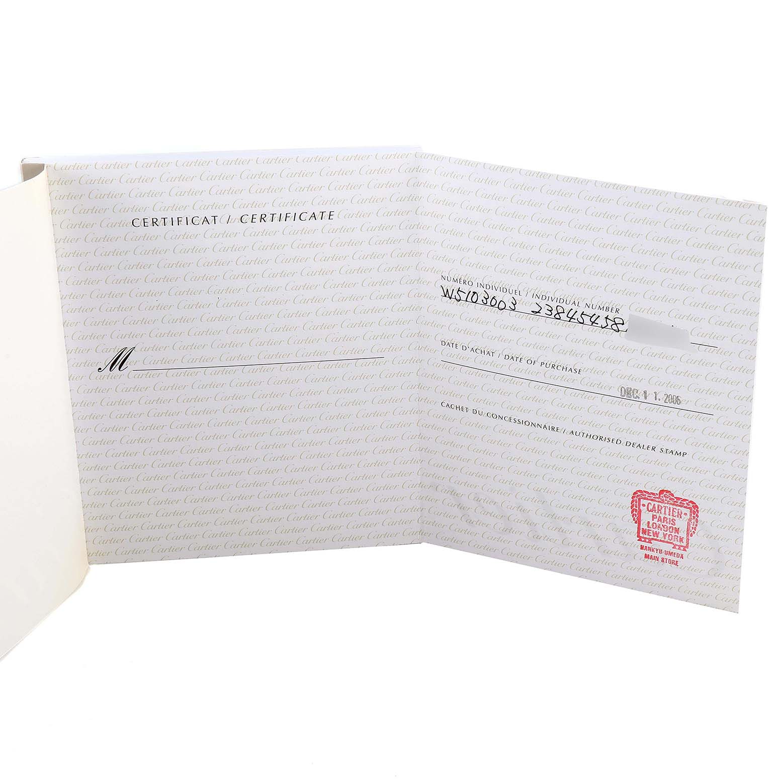 The image shows a certificate of authenticity for the Tank Francaise model by Cartier, partially open, displaying individual watch details.