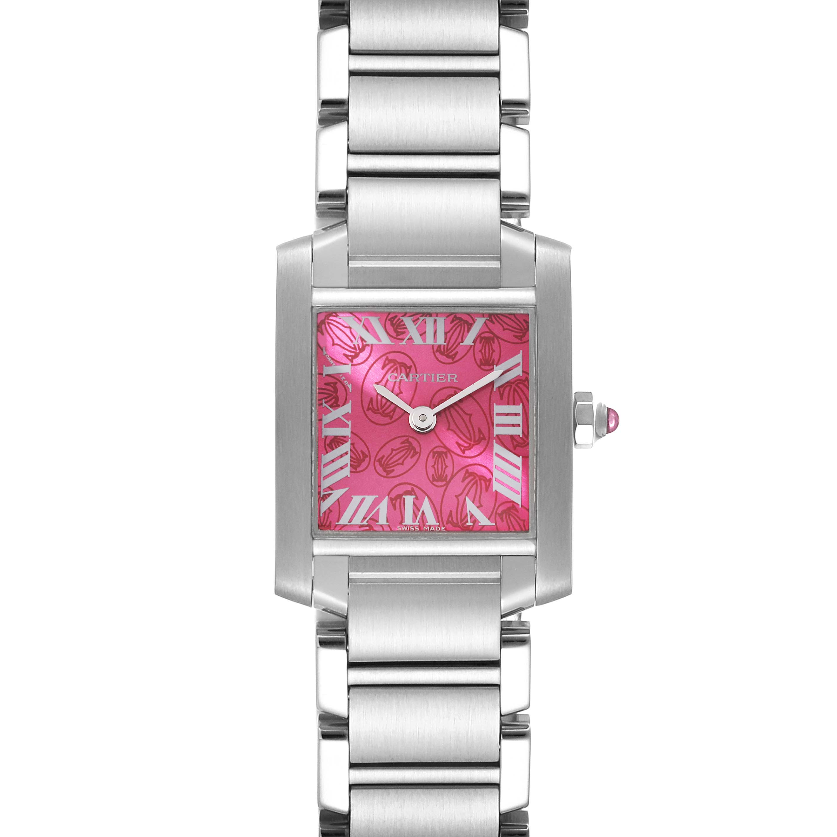 This image shows a front view of the Cartier Tank Française watch, displaying its pink dial and stainless steel bracelet.