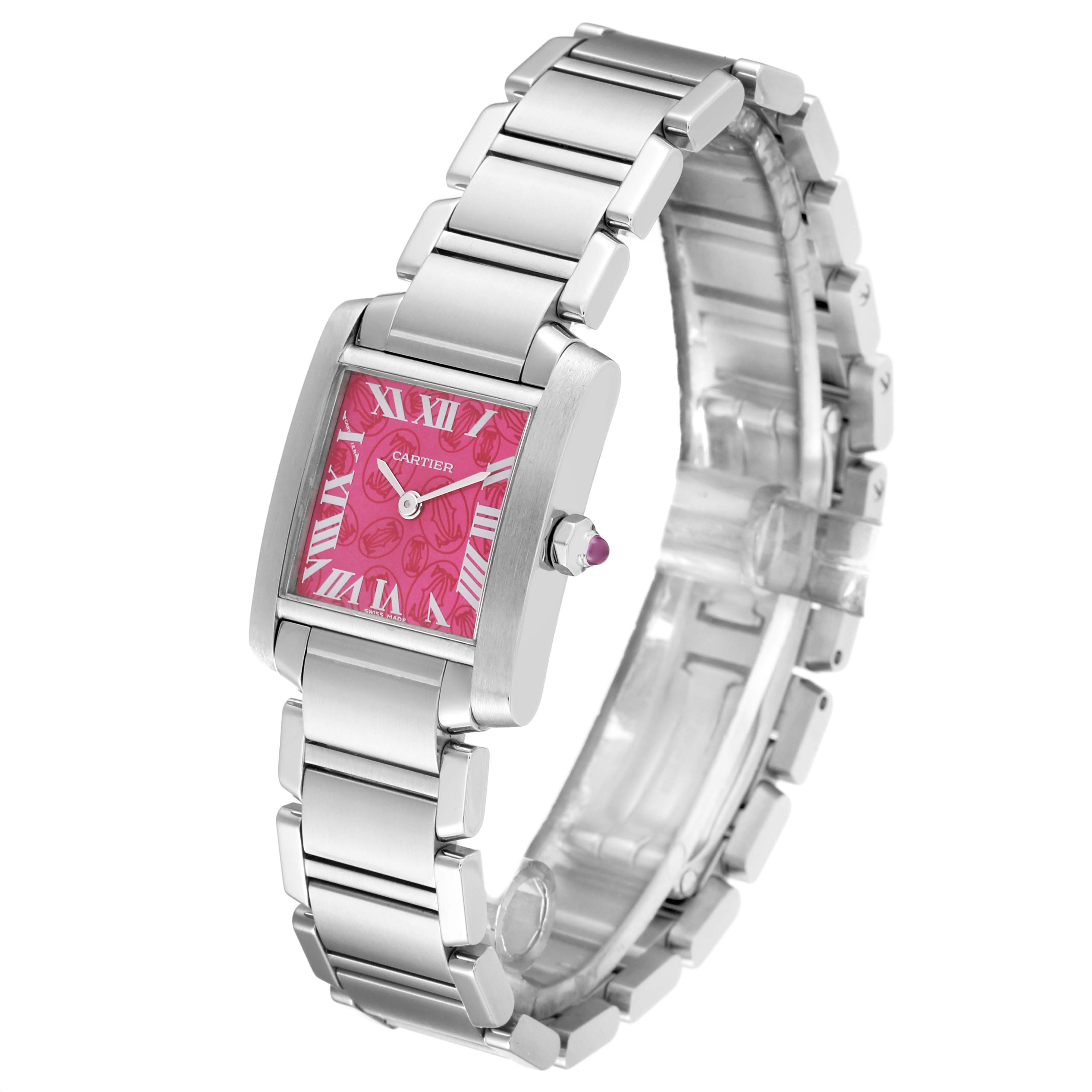 The Cartier Tank Francaise W51030Q3 Women's Stainless Steel Pink Dial W51030Q3 Women's Stainless Steel Pink Dial watch is shown at an angle displaying its bracelet, face, and crown.