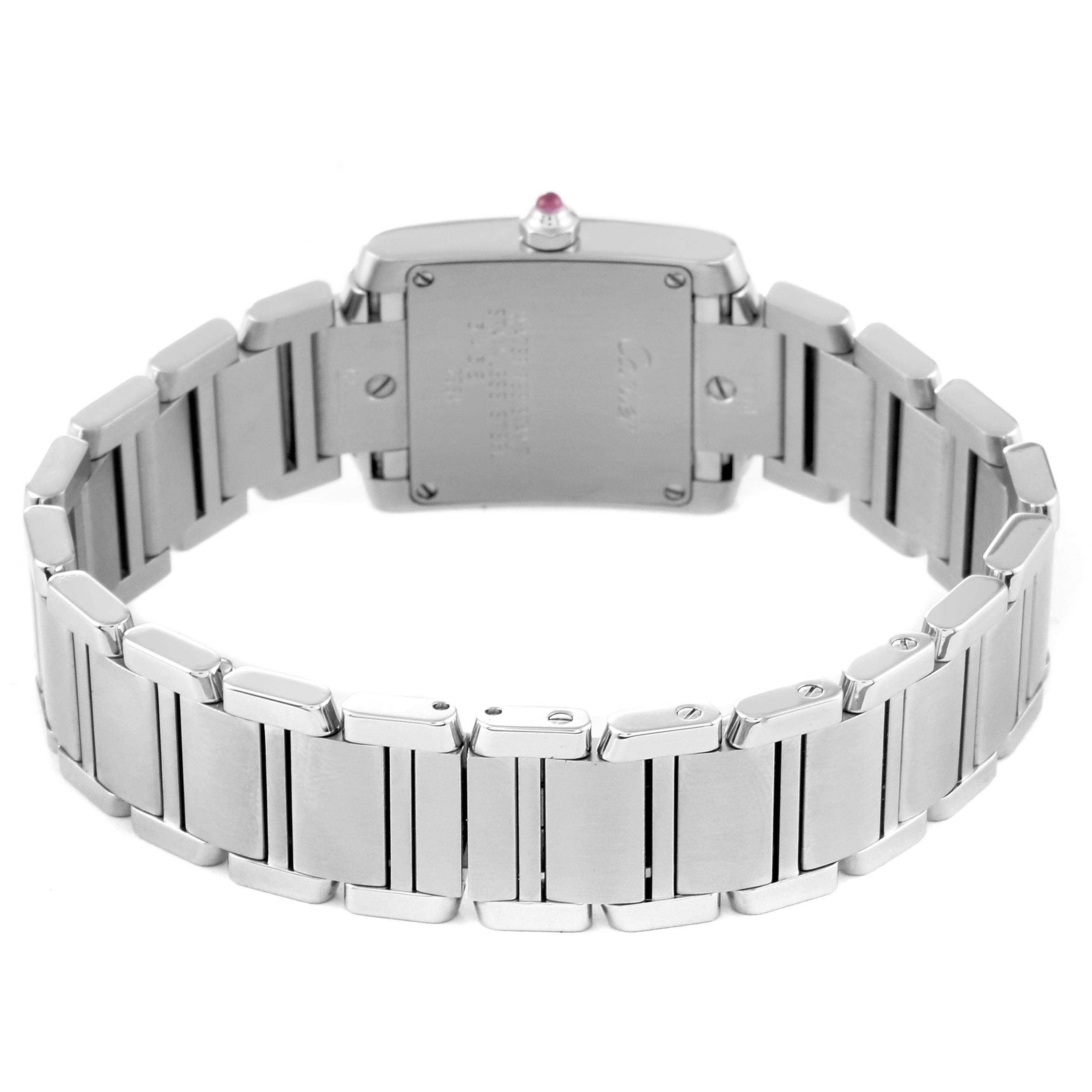 This image shows the back view of a Cartier Tank Française watch, highlighting the stainless steel bracelet and case back.