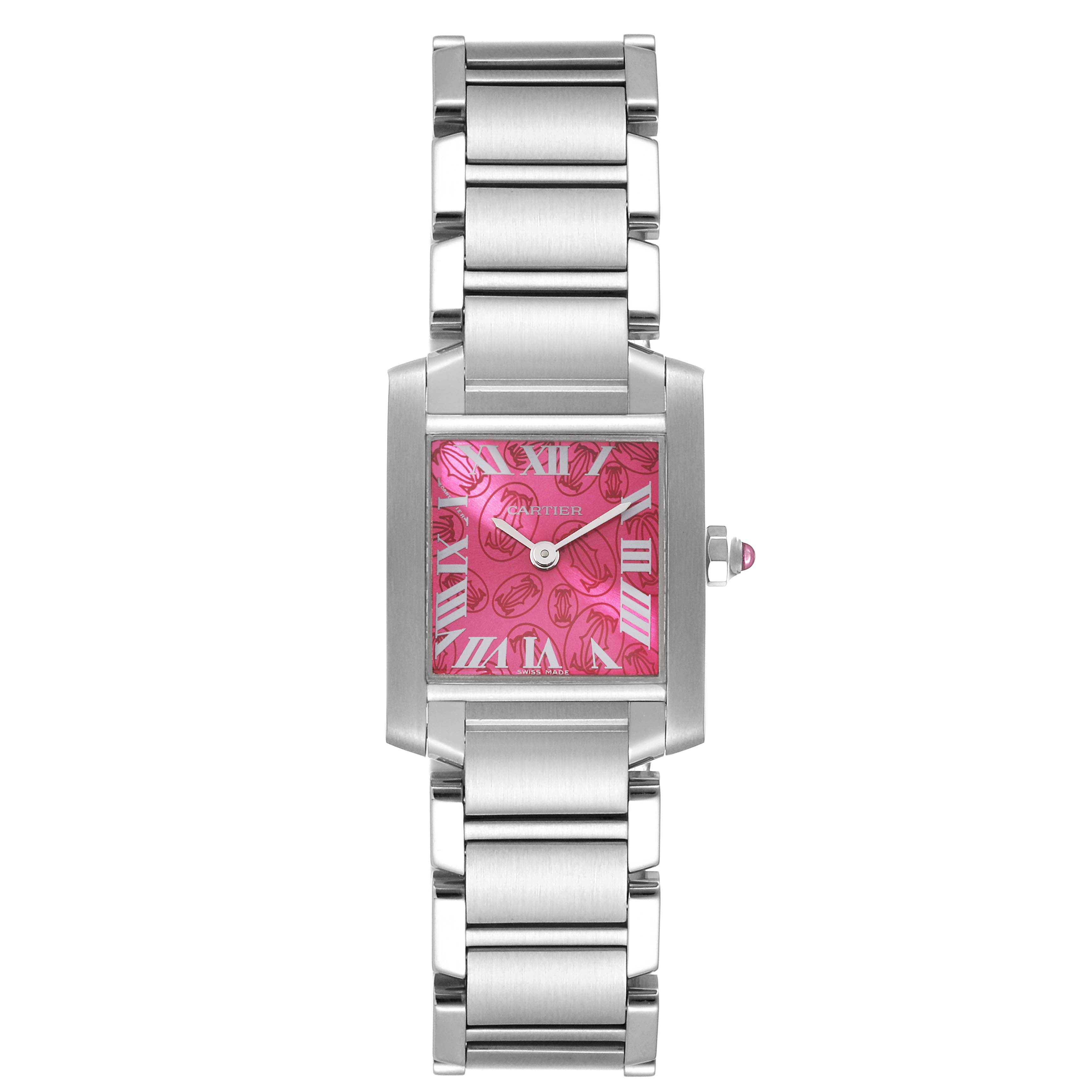 The image shows a frontal view of a Cartier Tank Francaise W51030Q3 Women's Stainless Steel Pink Dial W51030Q3 Women's Stainless Steel Pink Dial watch, highlighting its pink dial and stainless steel bracelet.