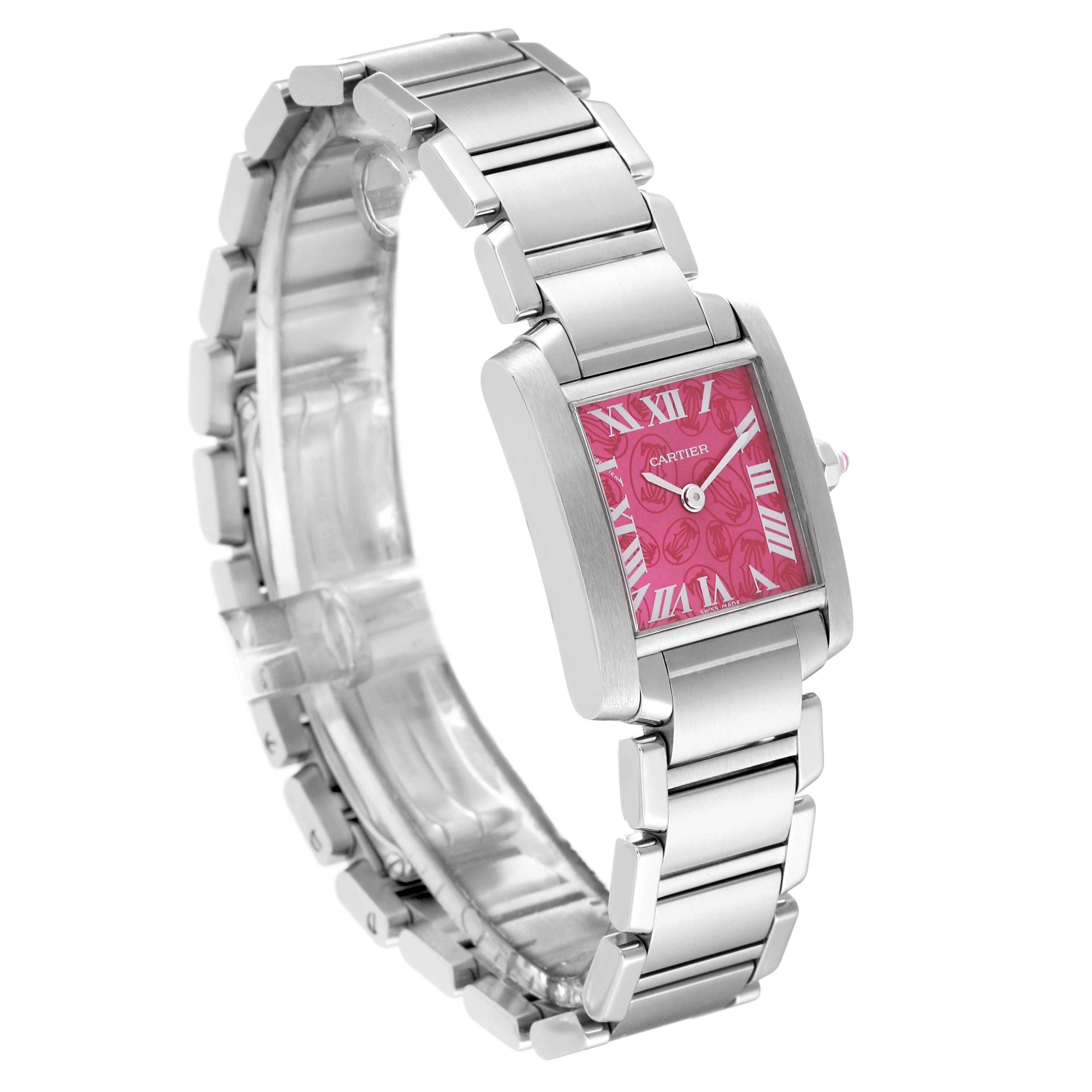 The Cartier Tank Française watch is shown from a three-quarter angle, featuring its pink dial and stainless steel bracelet.