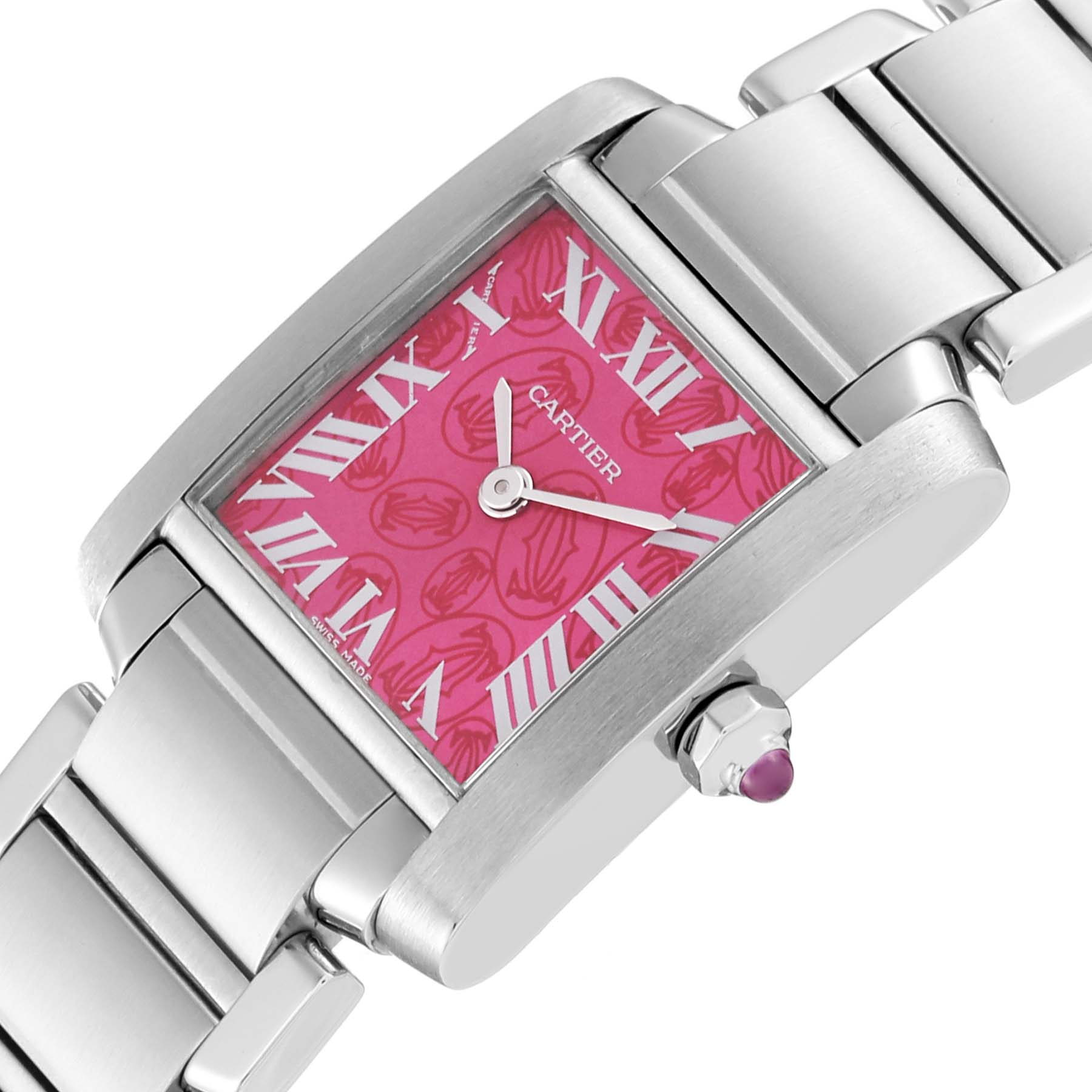 The image shows a close-up angle of the Cartier Tank Francaise W51030Q3 Women's Stainless Steel Pink Dial W51030Q3 Women's Stainless Steel Pink Dial watch, focusing on the face, bezel, crown, and part of the bracelet.