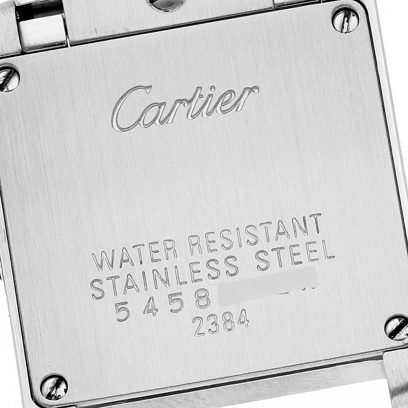 This image shows the back plate of a Cartier Tank Francaise W51030Q3 Women's Stainless Steel Pink Dial W51030Q3 Women's Stainless Steel Pink Dial watch, indicating its water resistance and stainless steel composition.