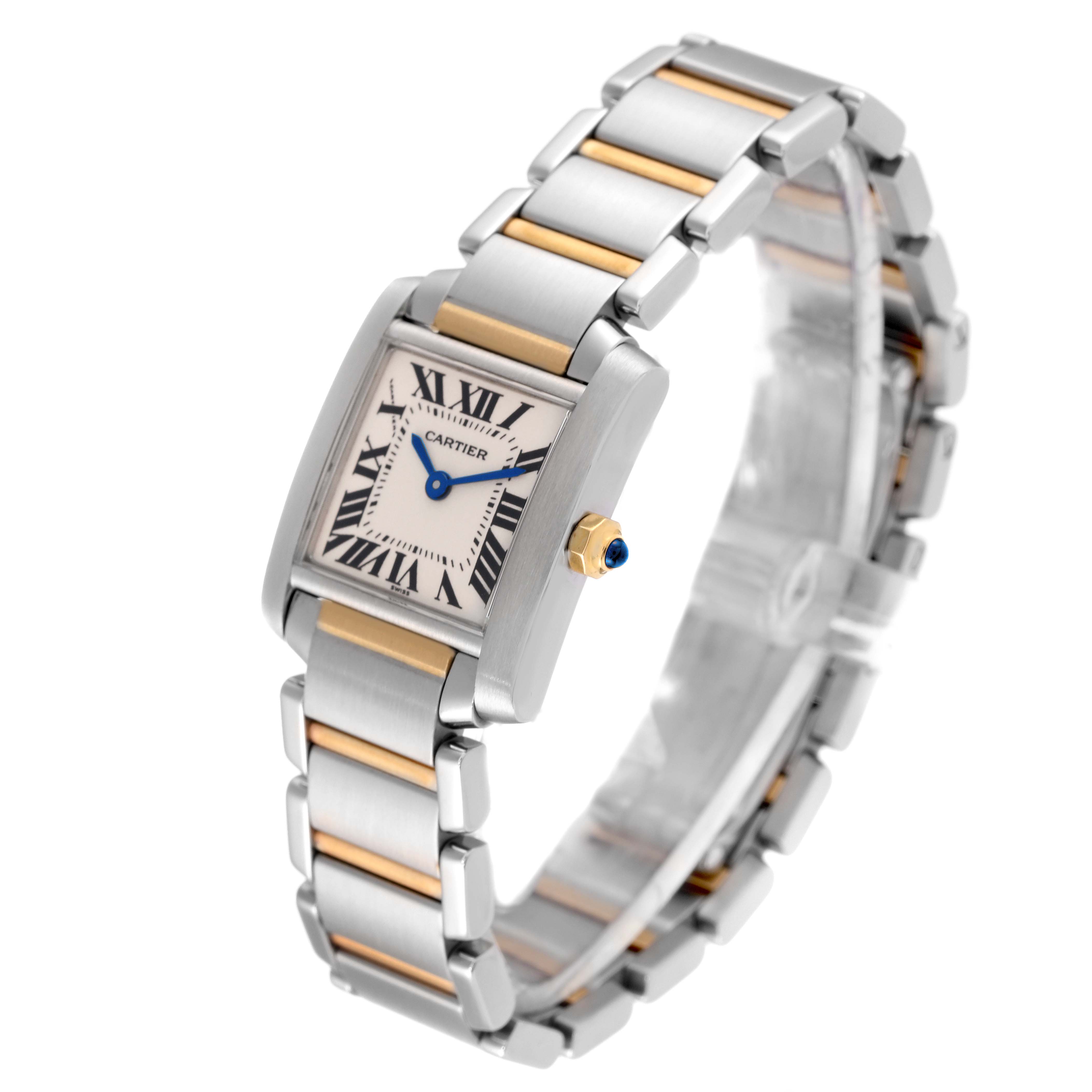 The Cartier Tank Francaise W51007Q4 Women's Steel and Gold (two tone) Silver Dial W51007Q4 Women's Steel and Gold (two tone) Silver Dial watch is shown at a slight angle, displaying the face, band, and side view.