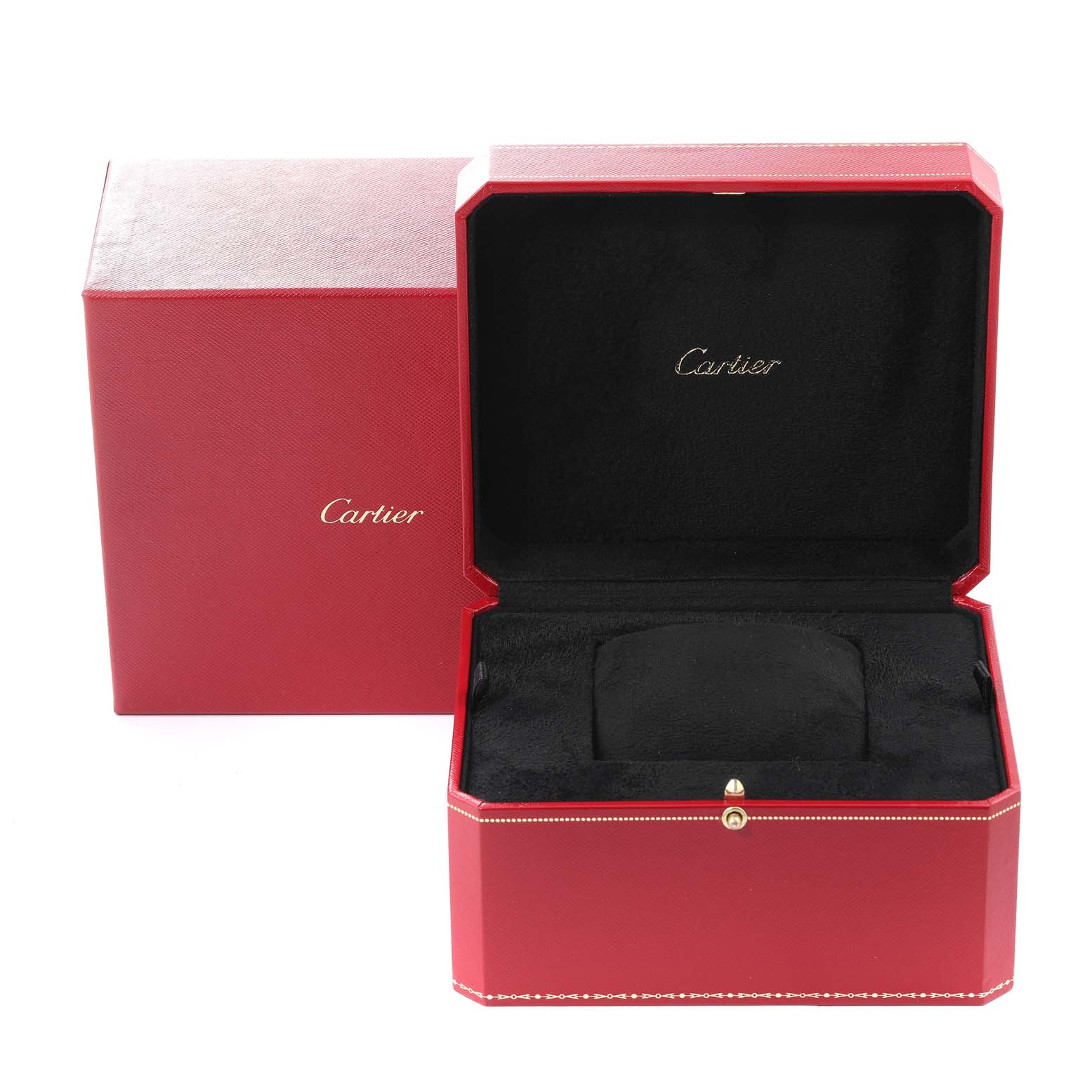 The image shows an open red Cartier box for a Tank Française watch, viewed from the front.