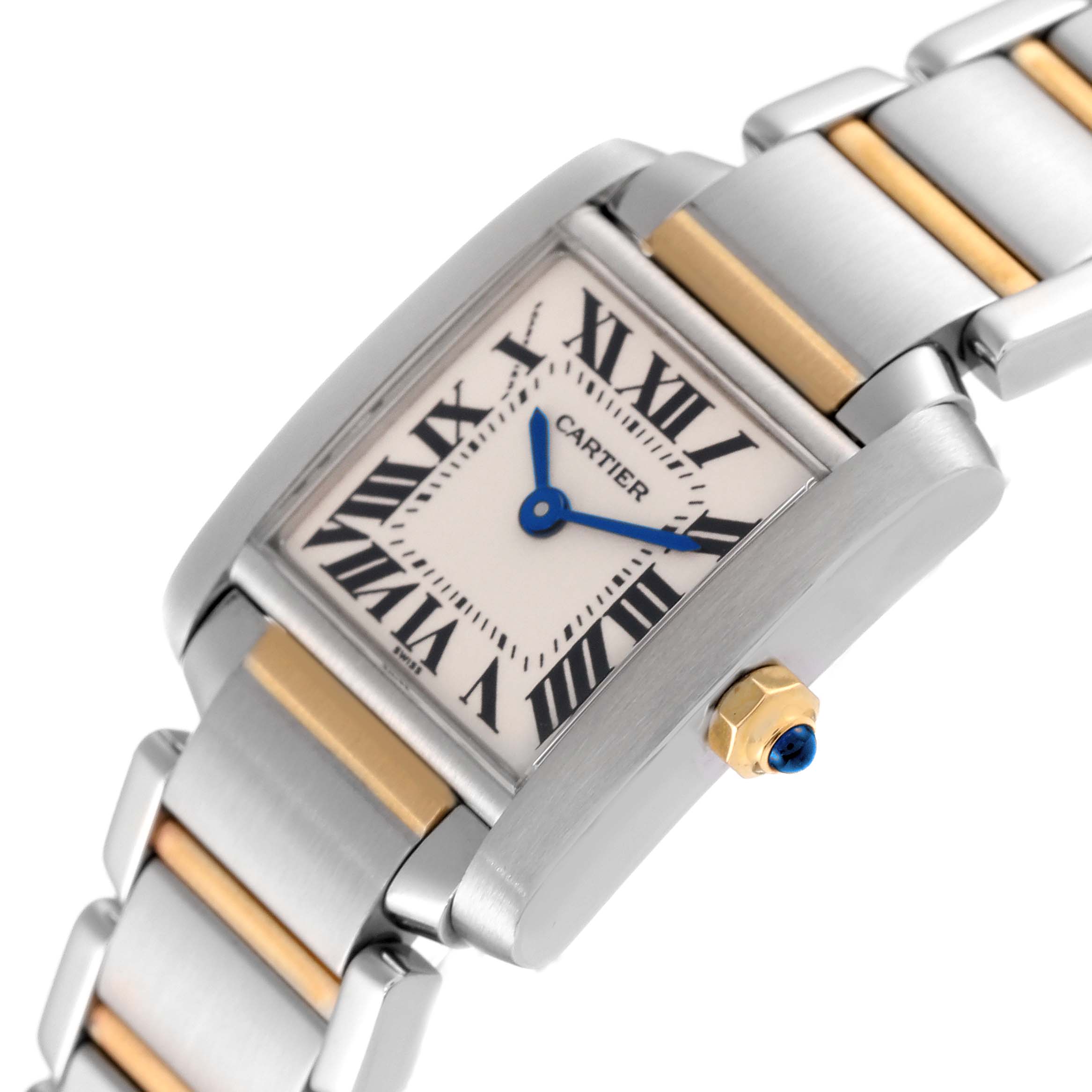 This is a close-up angled view of a Cartier Tank Francaise W51007Q4 Women's Steel and Gold (two tone) Silver Dial W51007Q4 Women's Steel and Gold (two tone) Silver Dial watch, showing the face, blue hands, Roman numerals, and part of the bracelet.