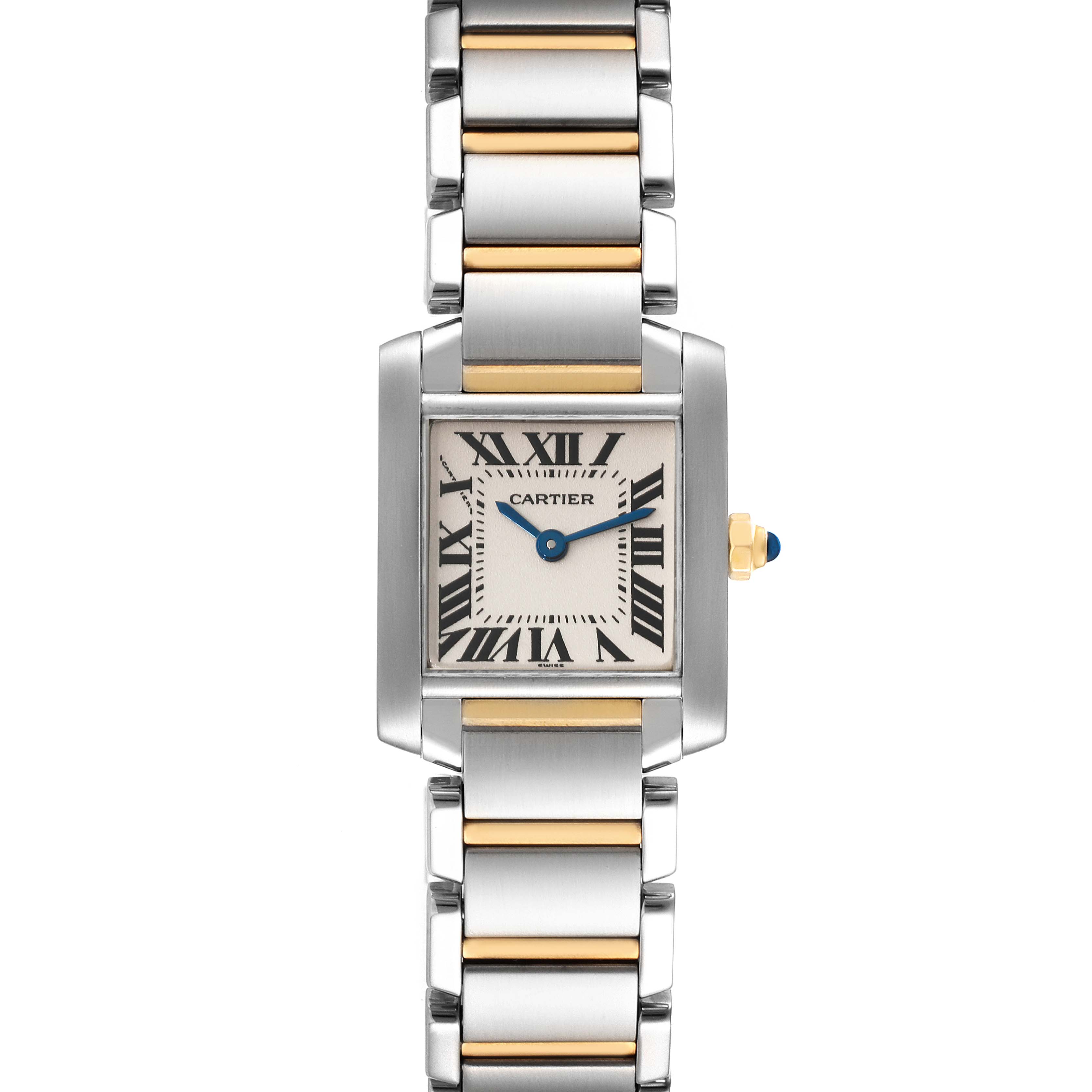 The image shows a front view of a Cartier Tank Francaise W51007Q4 Women's Steel and Gold (two tone) Silver Dial W51007Q4 Women's Steel and Gold (two tone) Silver Dial watch, highlighting the face, bezel, and bracelet links.