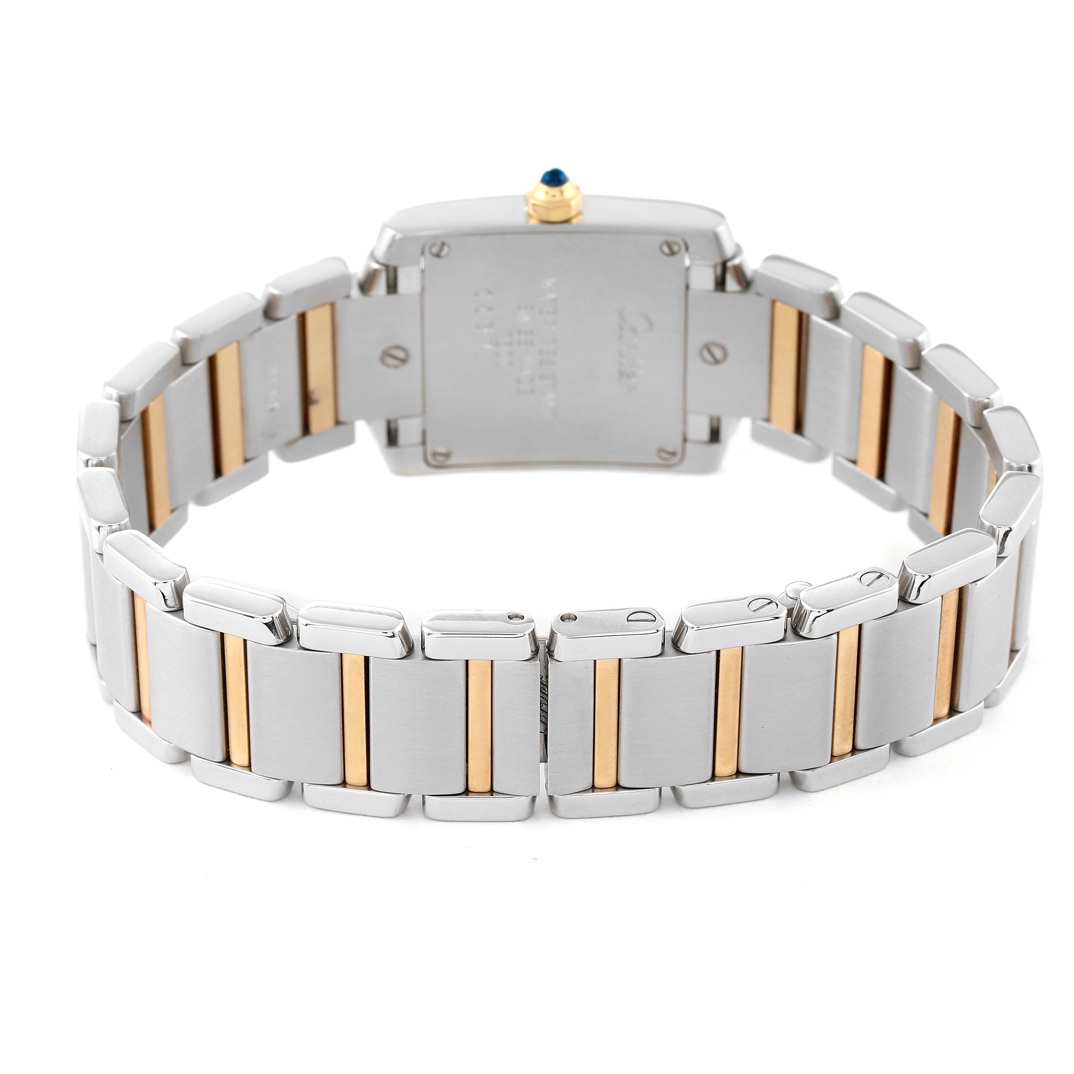 The image shows the back case and bracelet of the Cartier Tank Française watch, highlighting its bi-tone metal links.