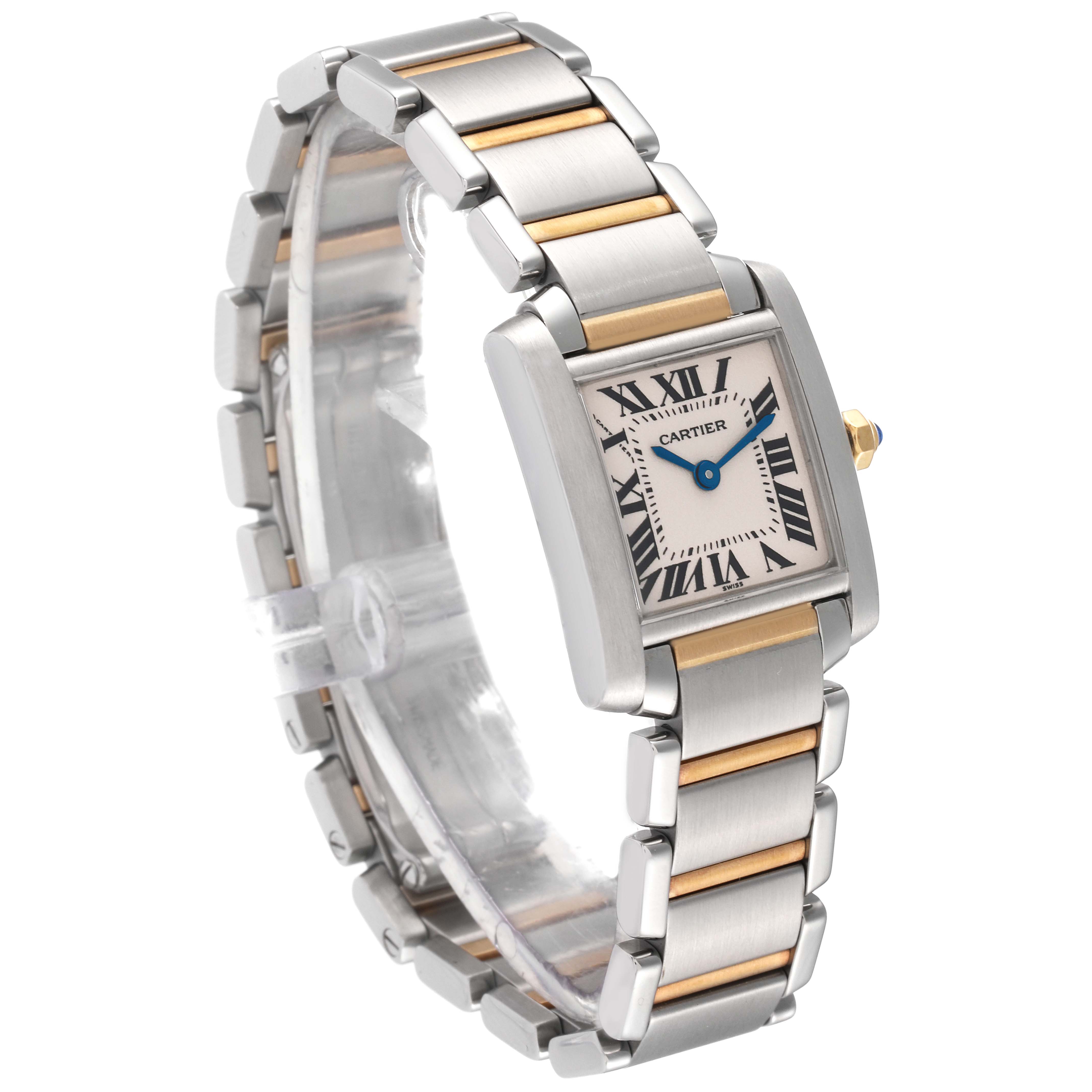 The image shows a Cartier Tank Française watch at a three-quarter angle, displaying its rectangular dial and metal bracelet with gold accents.
