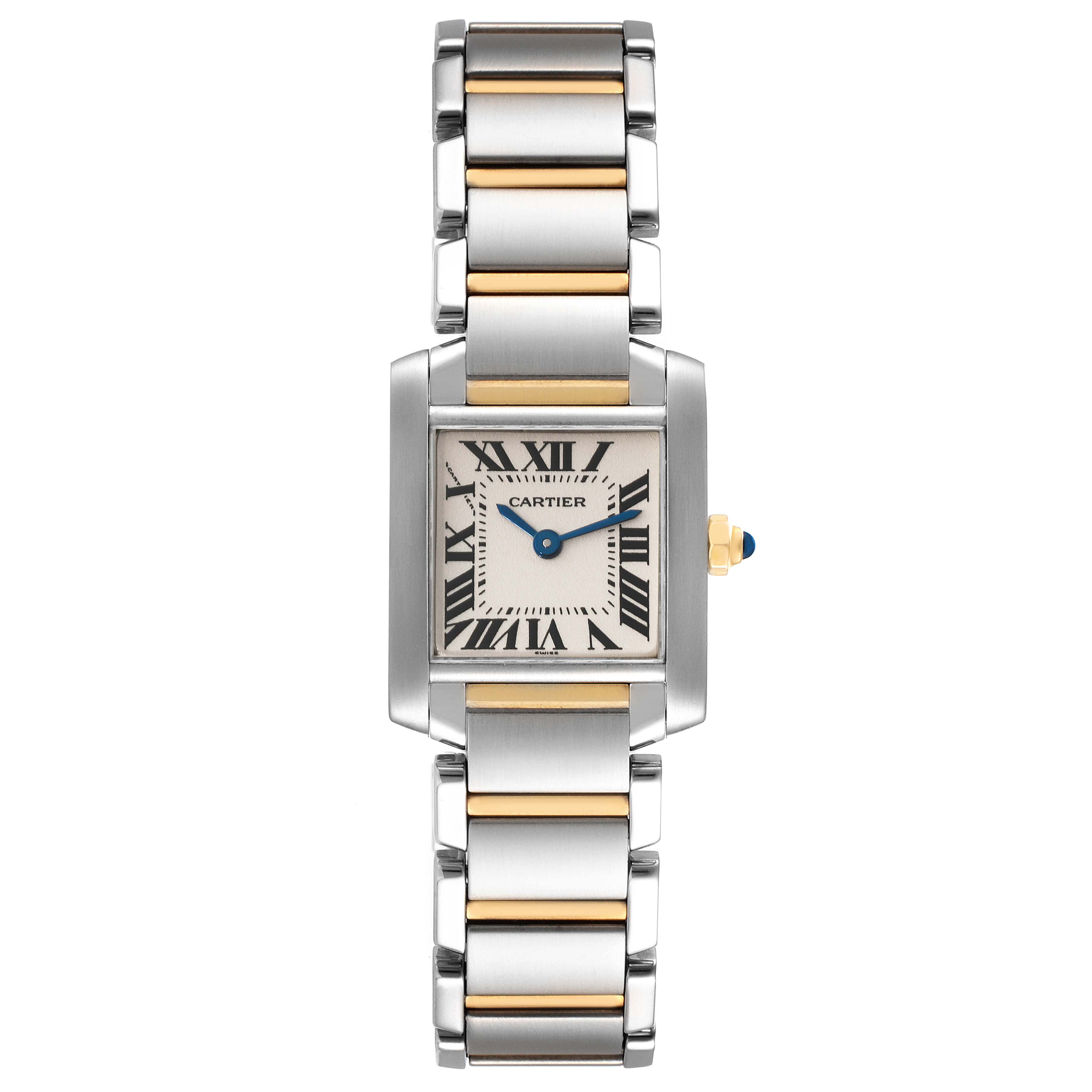The image shows a Cartier Tank Française wristwatch from a top-down angle, displaying the face, bezel, crown, and two-tone bracelet.