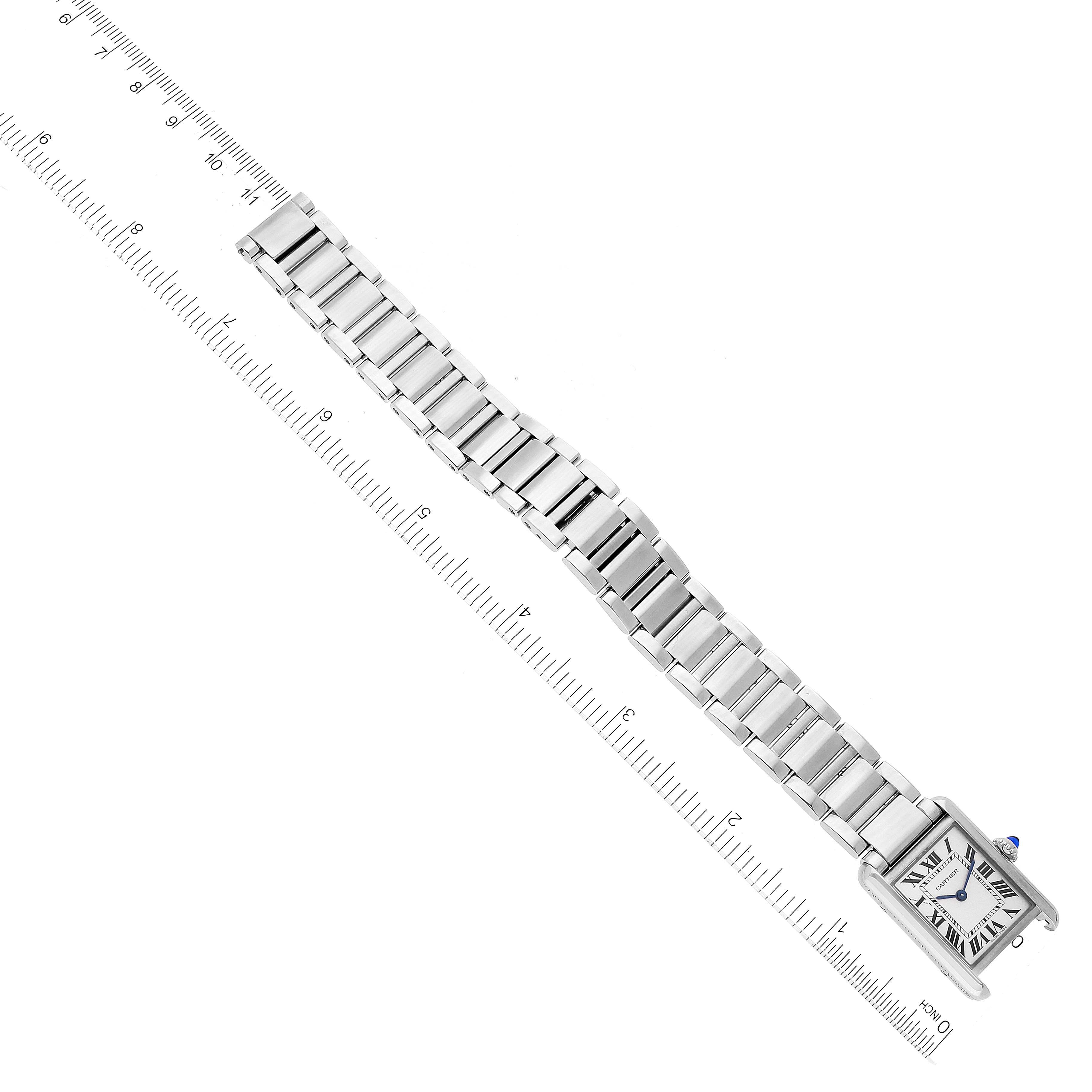 The Cartier Tank Must WSTA0051 Women's Stainless Steel Silver Dial WSTA0051 Women's Stainless Steel Silver Dial watch is shown from an overhead angle, displaying the face and full length of the metal bracelet.