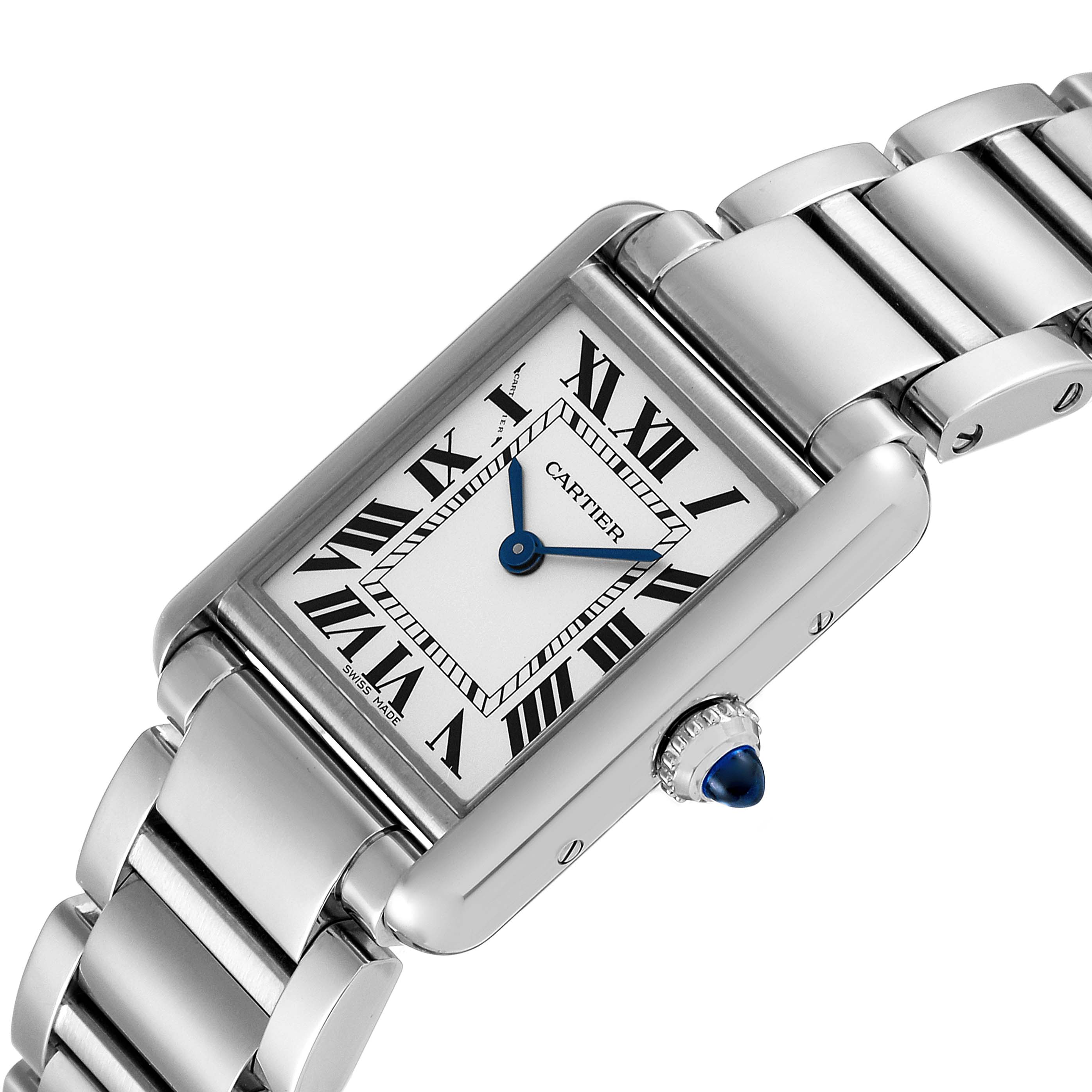 The image shows a Tank Must model by Cartier from a slightly tilted side angle, highlighting its rectangular face, Roman numerals, and metal bracelet.