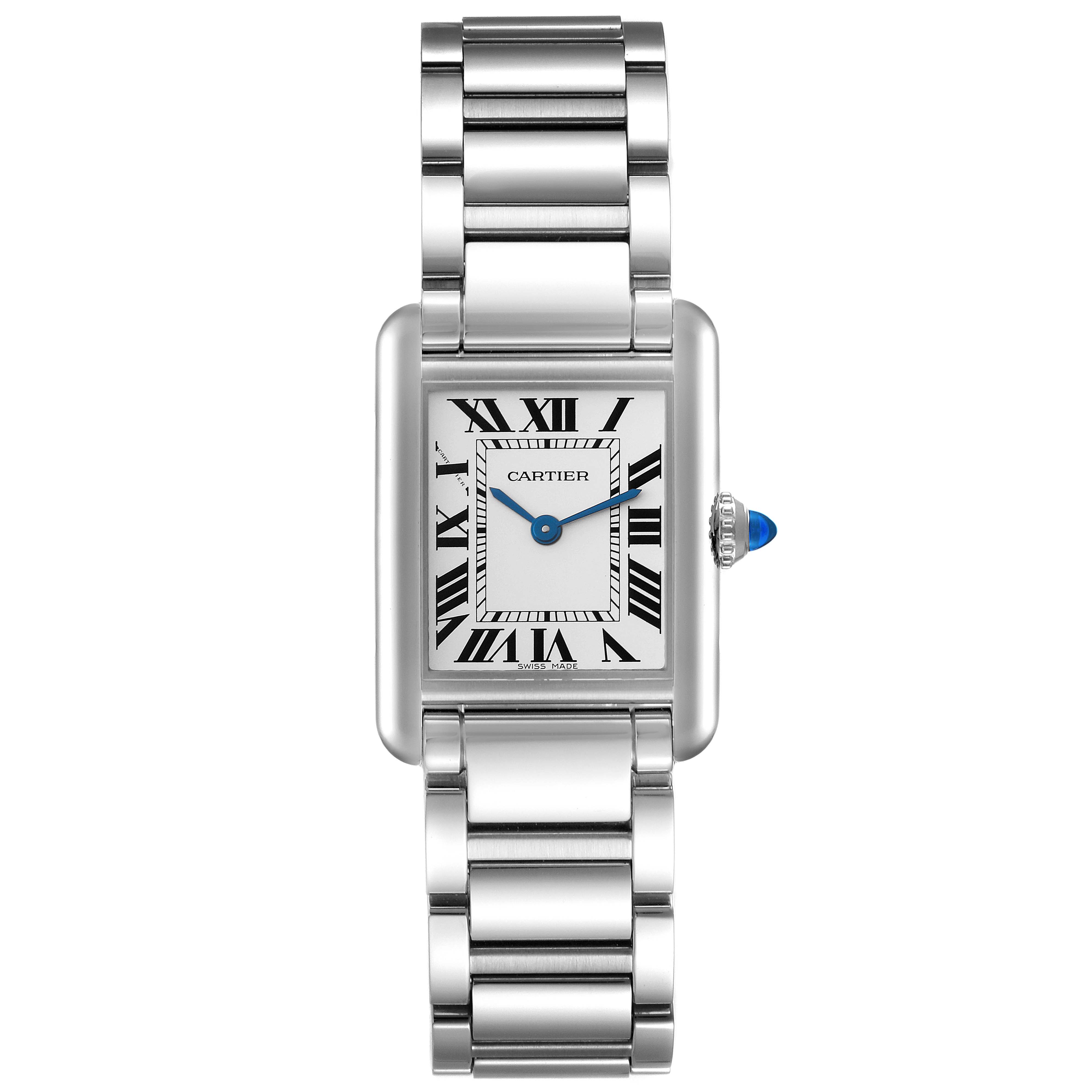 The image shows a front view of the Tank Must model by Cartier, highlighting its face, dial, bezel, and bracelet.