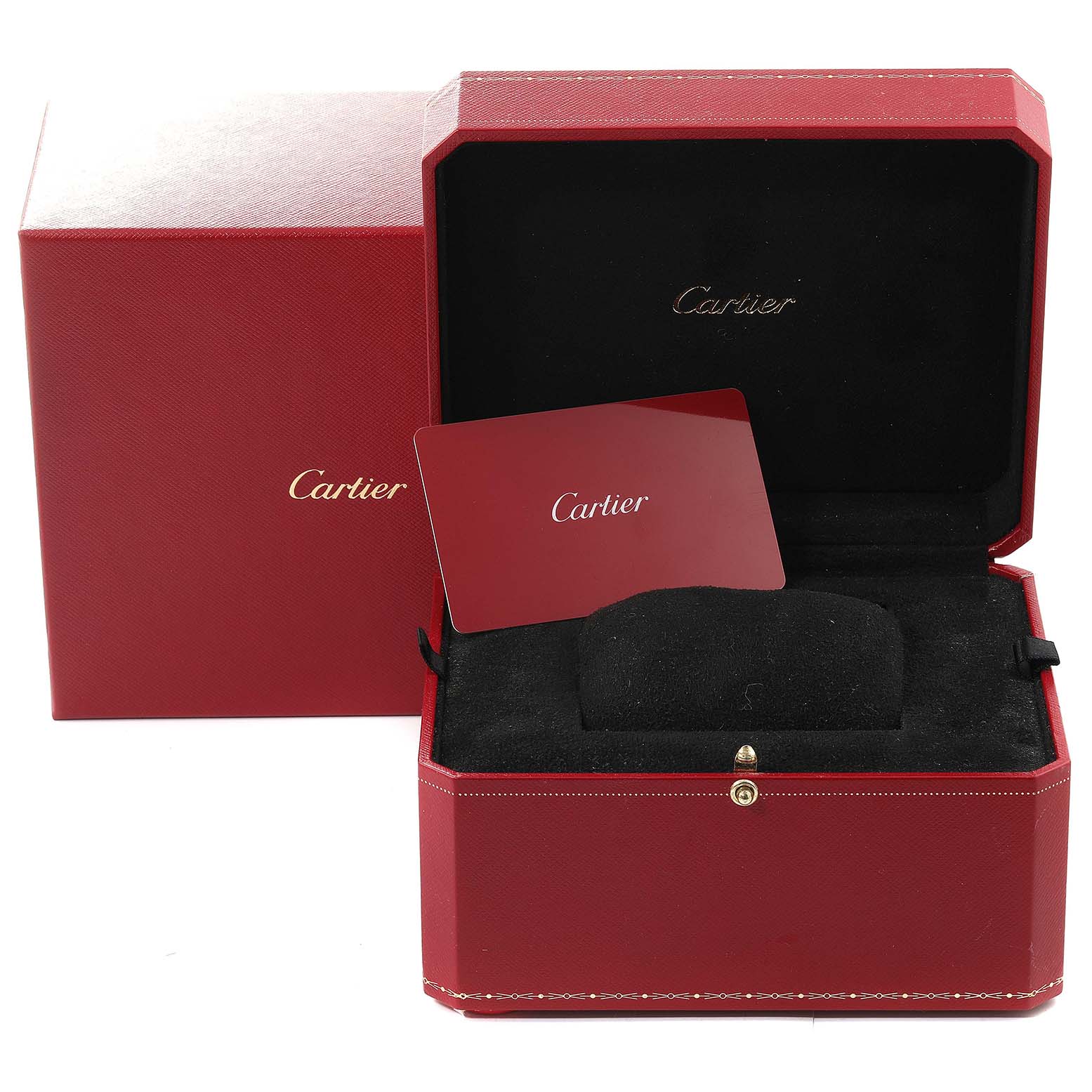The image displays the packaging, inner box, and card for a Cartier Tank Must WSTA0051 Women's Stainless Steel Silver Dial WSTA0051 Women's Stainless Steel Silver Dial watch, shown at a slight tilt angle.