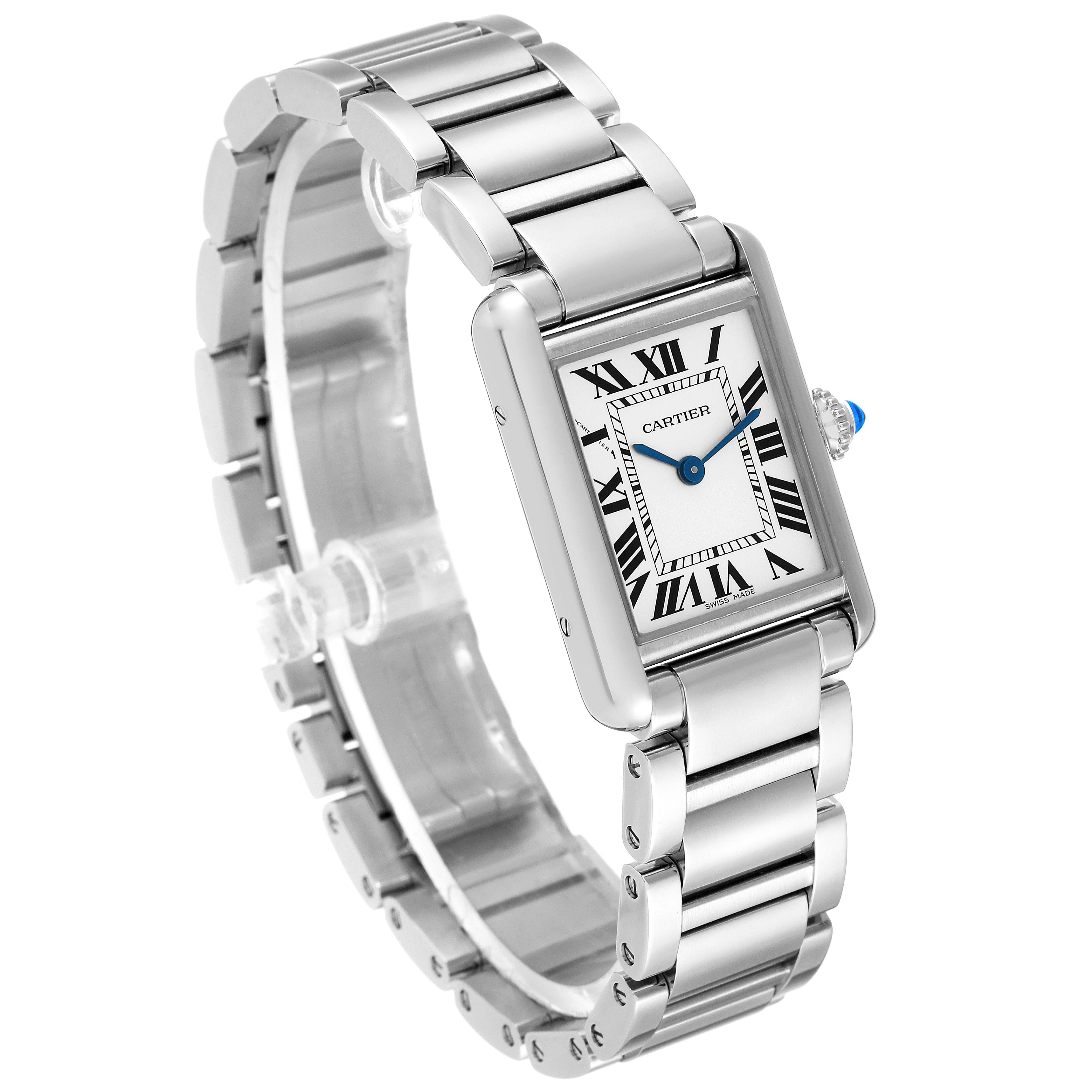 This image shows a Cartier Tank Must WSTA0051 Women's Stainless Steel Silver Dial WSTA0051 Women's Stainless Steel Silver Dial watch at a slight angled view, highlighting the rectangular face, Roman numeral dial, and metal bracelet band.