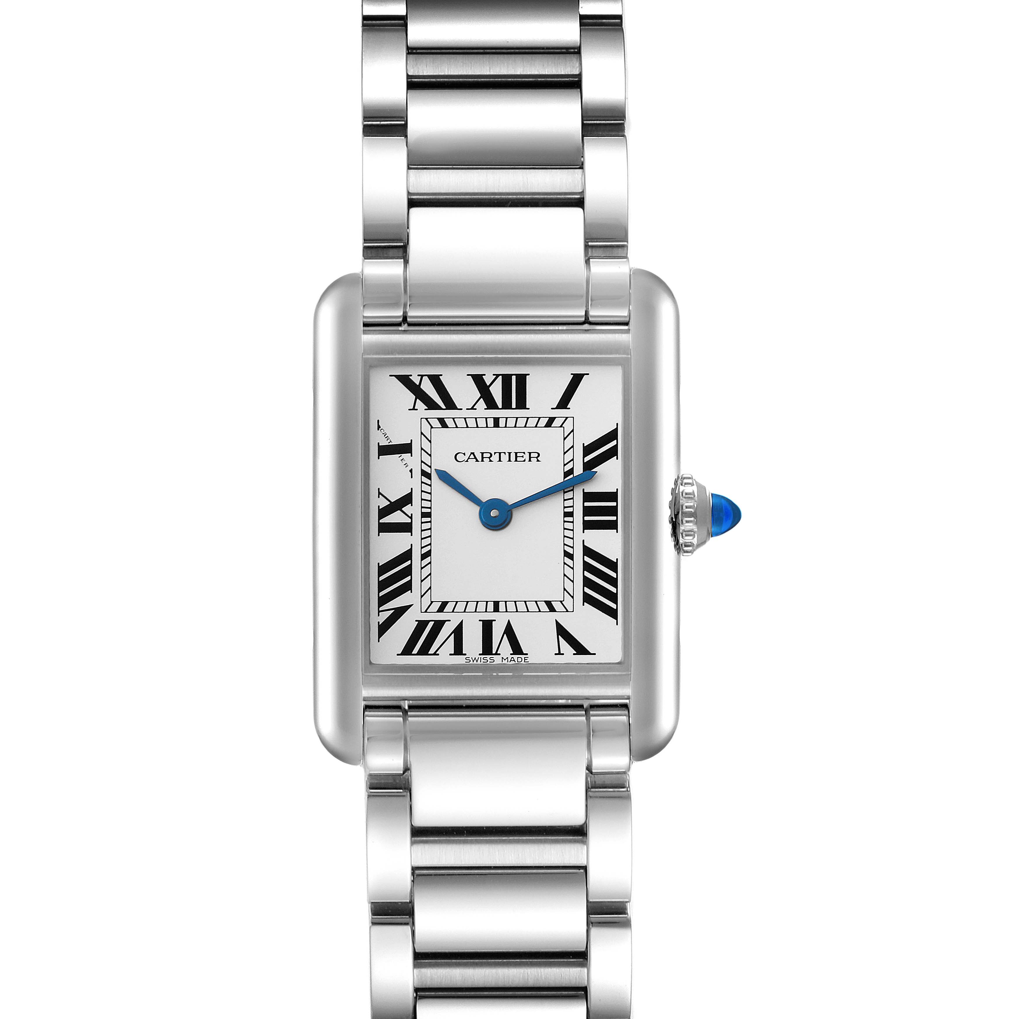This image shows a top-down view of the Cartier Tank Must WSTA0051 Women's Stainless Steel Silver Dial WSTA0051 Women's Stainless Steel Silver Dial watch with Roman numerals and a metal bracelet.