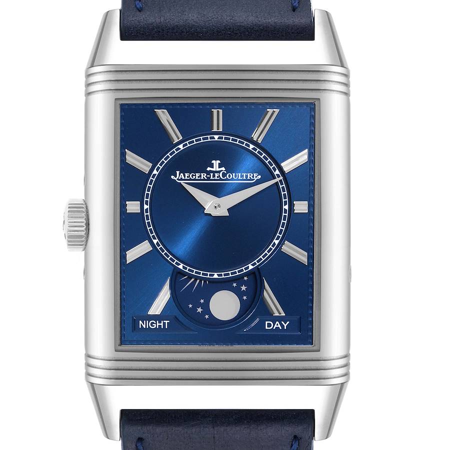 This image shows a front view of the Jaeger-LeCoultre Reverso watch, highlighting the dial, hands, and crown.