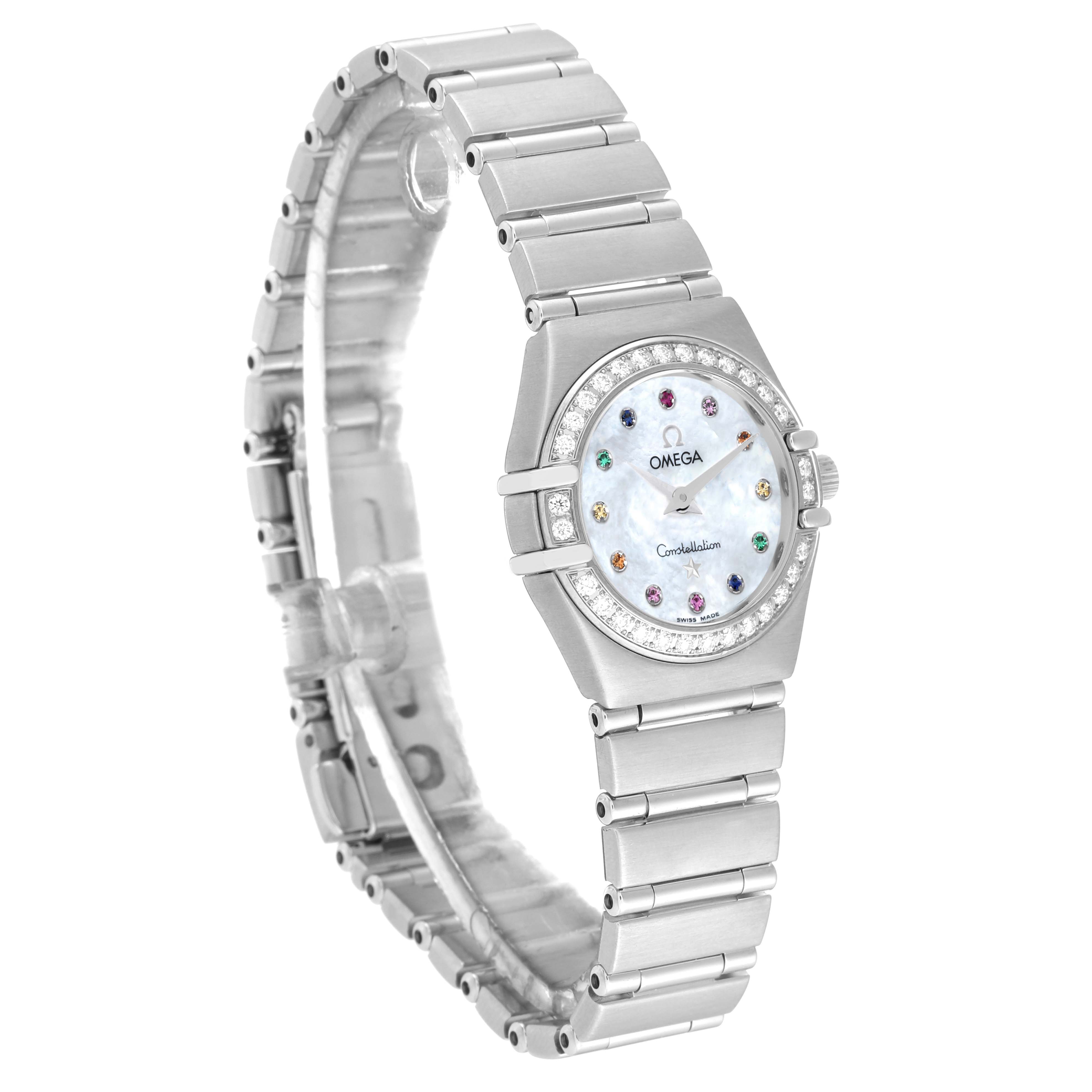 The image shows an angled view of the Omega 1465.79.00 Women's Stainless Steel Mother of Pearl Dial 1465.79.00 Women's Stainless Steel Mother of Pearl Dial Constellation Iris Mother of Pearl Diamond Steel Ladies Watch 1465.79.00, highlighting its bracelet and face.
