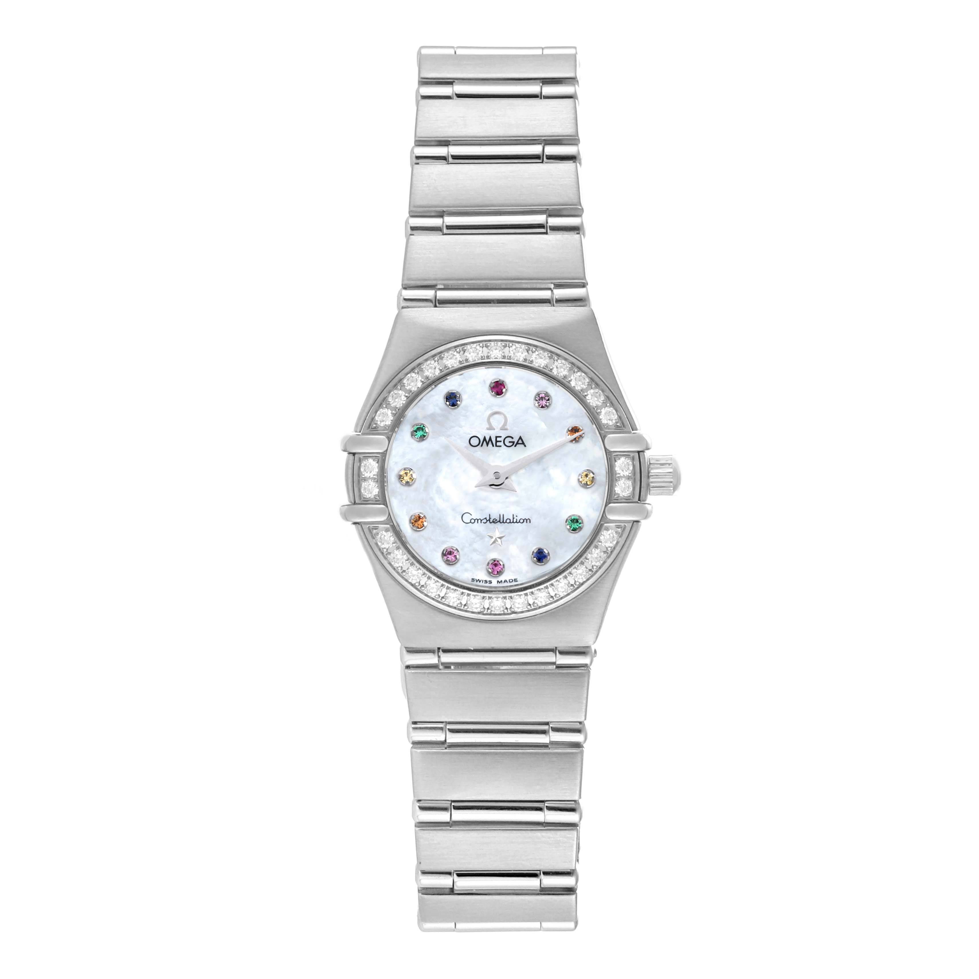 This image displays a front view of the Omega 1465.79.00 Women's Stainless Steel Mother of Pearl Dial 1465.79.00 Women's Stainless Steel Mother of Pearl Dial Constellation Iris Mother of Pearl Diamond Steel Ladies Watch 1465.79.00.