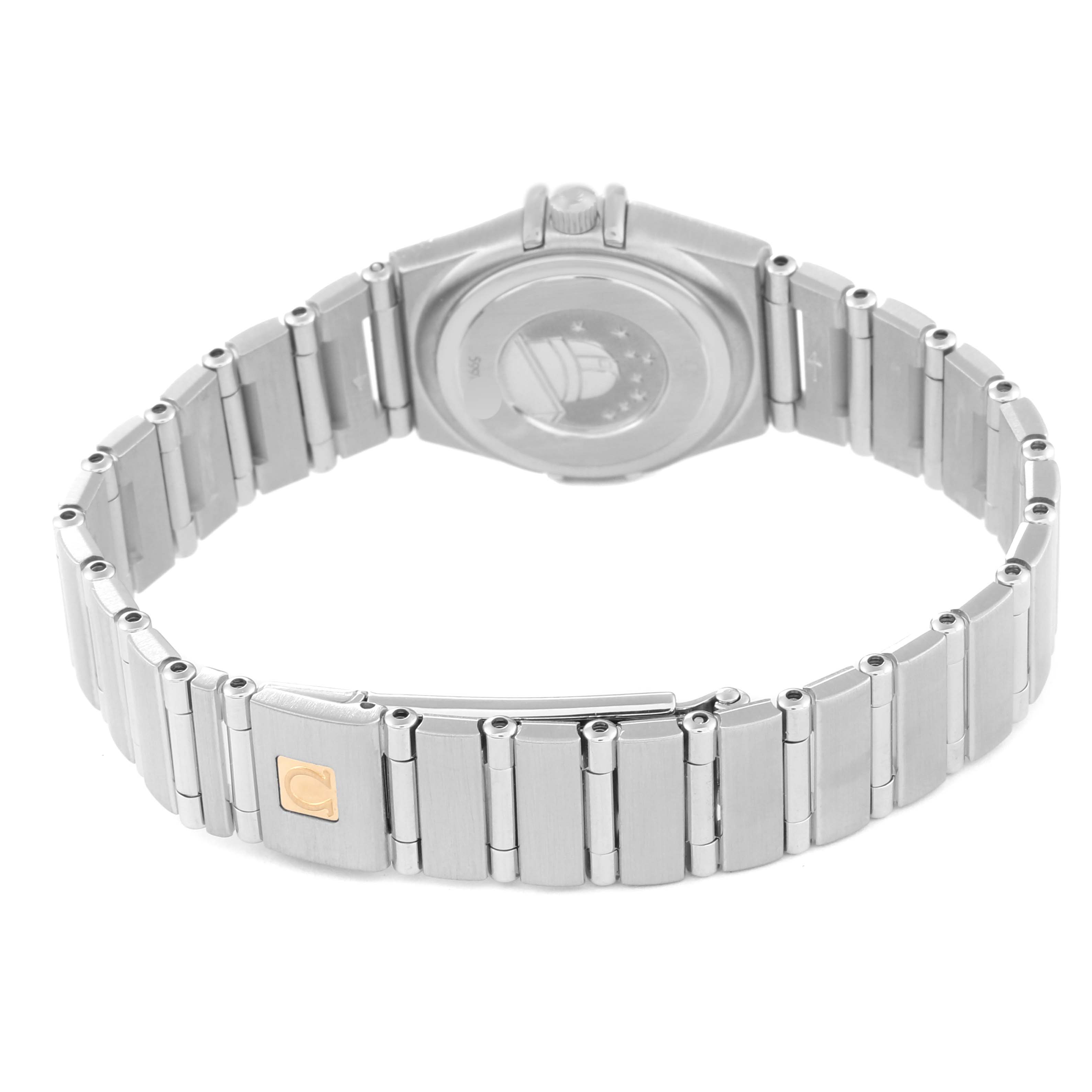 This image shows the back view of the Omega 1465.79.00 Women's Stainless Steel Mother of Pearl Dial 1465.79.00 Women's Stainless Steel Mother of Pearl Dial Constellation Iris Mother of Pearl Diamond Steel Ladies Watch model 1465.79.00, including the bracelet and clasp.