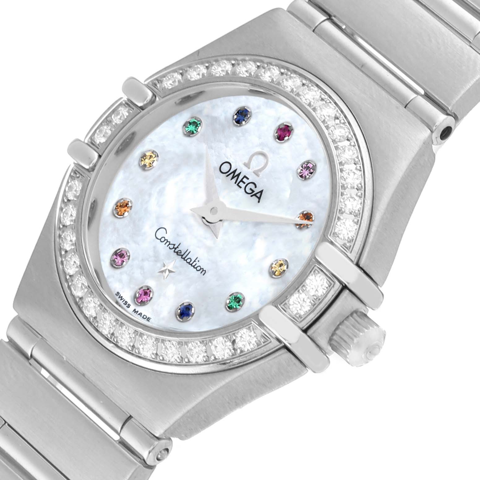 The Omega 1465.79.00 Women's Stainless Steel Mother of Pearl Dial 1465.79.00 Women's Stainless Steel Mother of Pearl Dial Constellation Iris 1465.79.00 watch is shown from an angle highlighting the face, bezel, crown, and part of the bracelet.