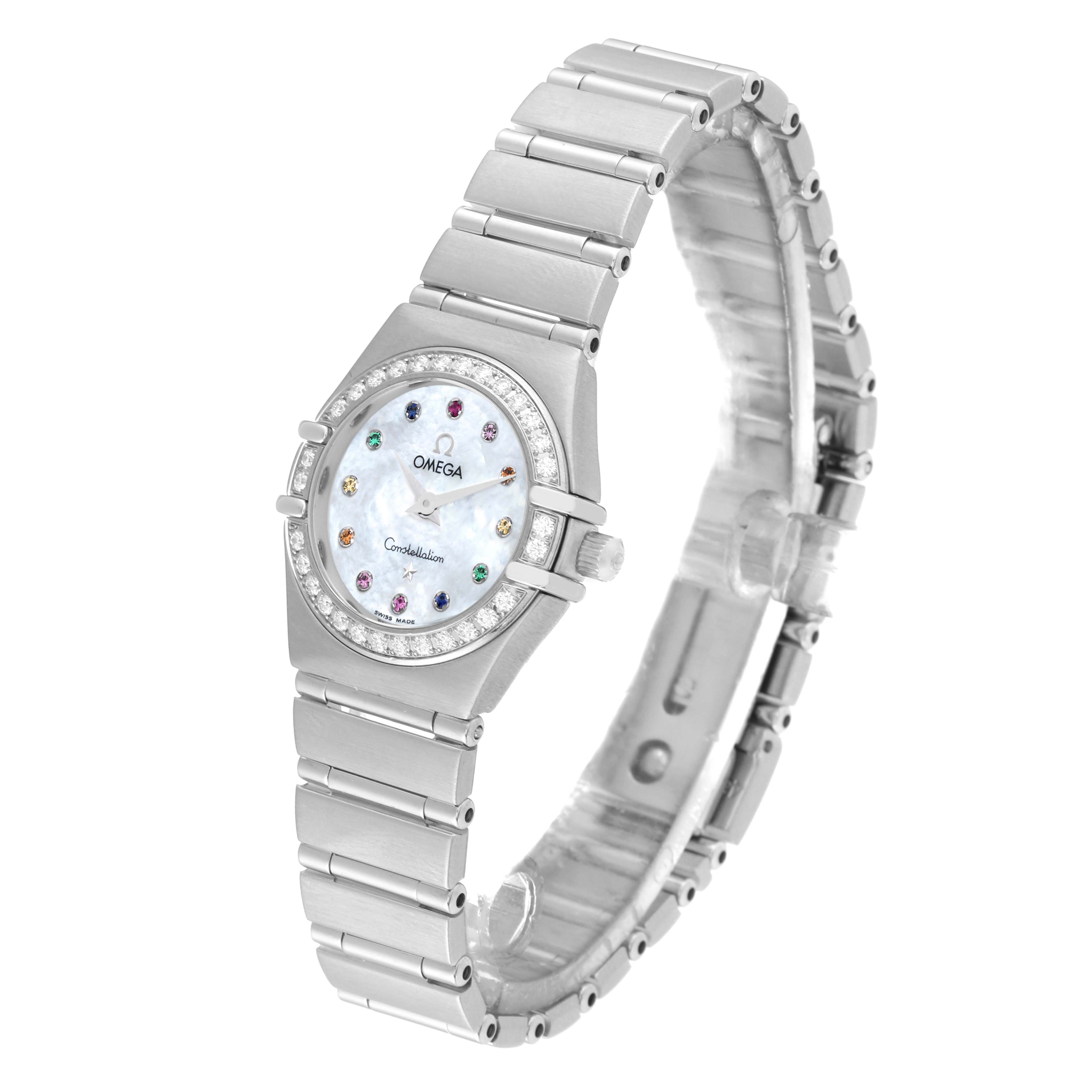 The image shows an angled view of the Omega 1465.79.00 Women's Stainless Steel Mother of Pearl Dial 1465.79.00 Women's Stainless Steel Mother of Pearl Dial Constellation Iris Mother of Pearl Diamond Steel Ladies Watch 1465.79.00, highlighting the face and band.