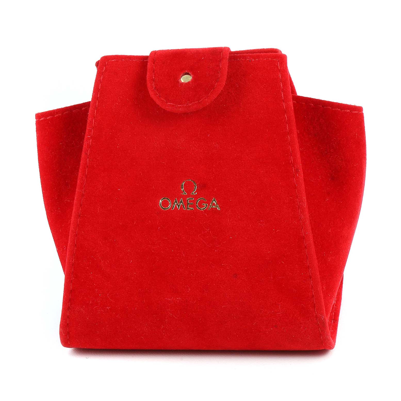 This image shows a red Omega 1465.79.00 Women's Stainless Steel Mother of Pearl Dial 1465.79.00 Women's Stainless Steel Mother of Pearl Dial-branded pouch, likely for the Constellation Iris Mother of Pearl Diamond Steel Ladies Watch 1465.79.00.