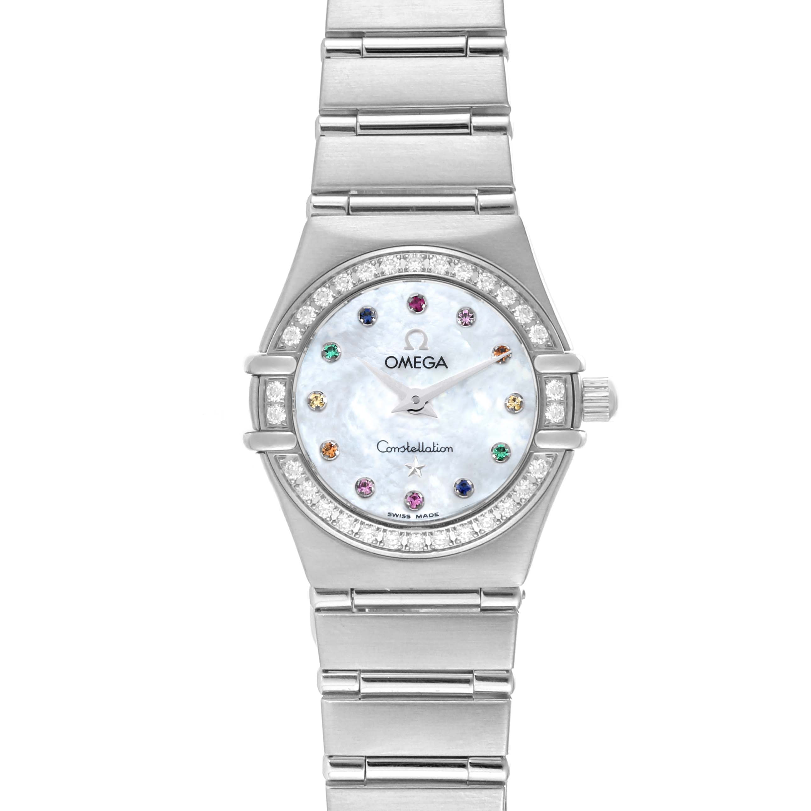 The image shows a front view of the Omega 1465.79.00 Women's Stainless Steel Mother of Pearl Dial 1465.79.00 Women's Stainless Steel Mother of Pearl Dial Constellation Iris Mother of Pearl Diamond Steel Ladies Watch 1465.79.00, highlighting its face and bracelet.