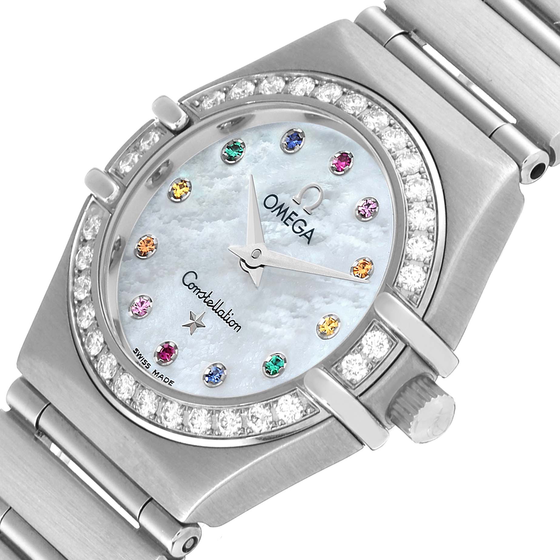 The image shows an Omega 1460.79.00 Women's Stainless Steel Mother of Pearl Dial 1460.79.00 Women's Stainless Steel Mother of Pearl Dial Constellation Iris Steel Multi Stone Ladies Watch 1460.79.00 from a slightly tilted angle, focusing on the dial and part of the bracelet.