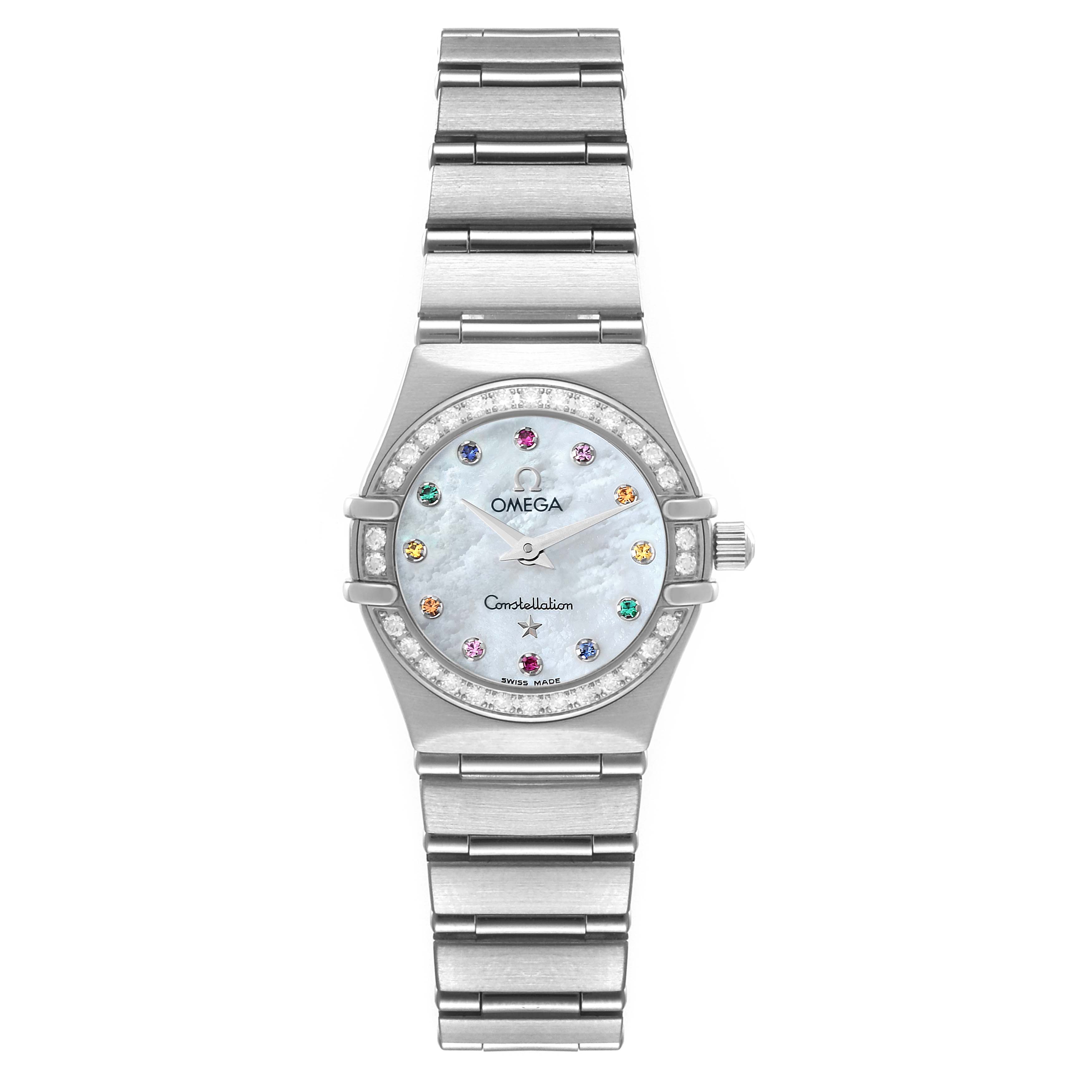 This image shows the front view of the Omega 1460.79.00 Women's Stainless Steel Mother of Pearl Dial 1460.79.00 Women's Stainless Steel Mother of Pearl Dial Constellation Iris Steel Multi Stone Ladies Watch 1460.79.00 with its dial, bezel, and bracelet.