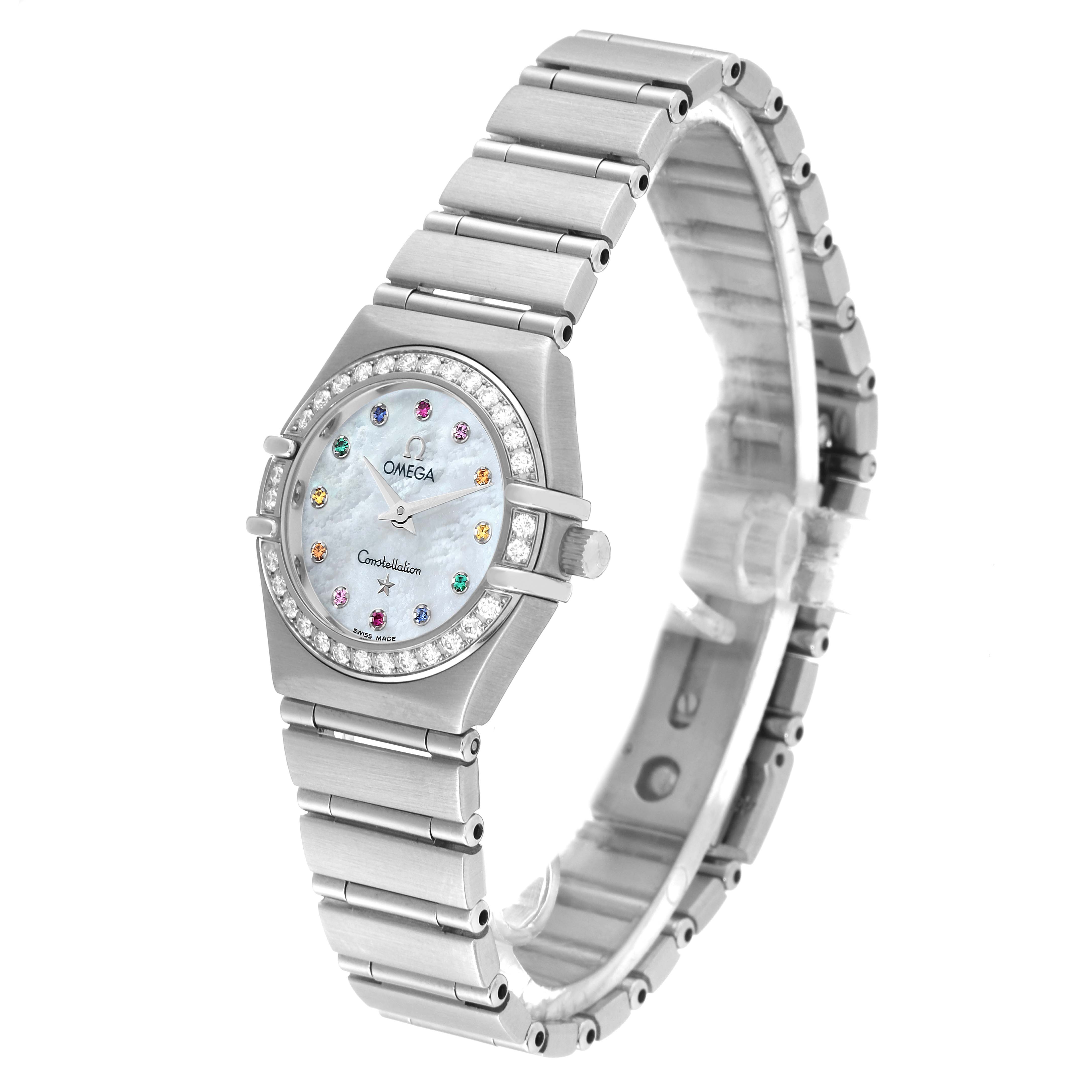 The image shows the Omega 1460.79.00 Women's Stainless Steel Mother of Pearl Dial 1460.79.00 Women's Stainless Steel Mother of Pearl Dial Constellation Iris Steel Multi Stone Ladies Watch 1460.79.00 from a front-right angle, highlighting its face and bracelet.