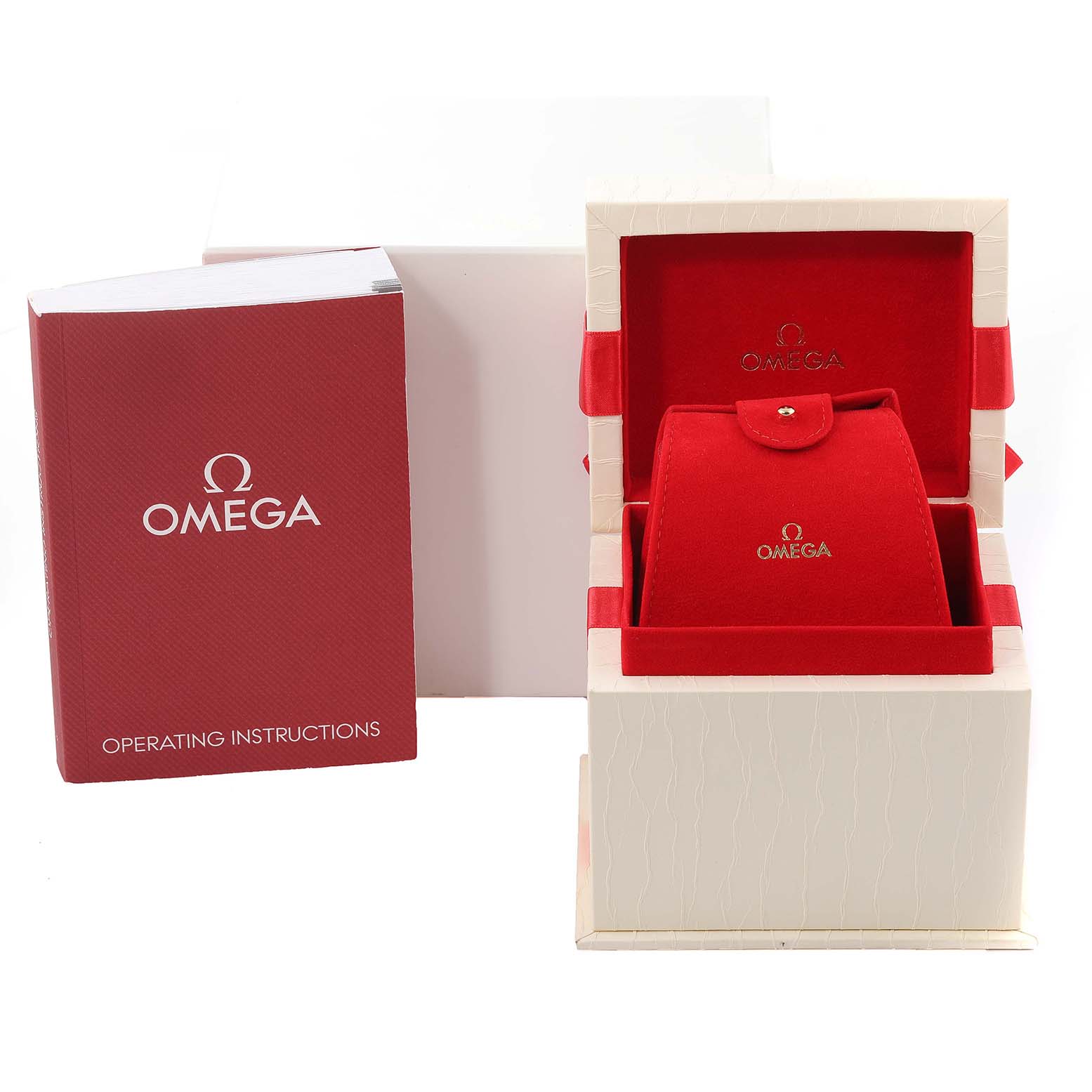 This image shows the packaging and operating instructions for the Omega 1460.79.00 Women's Stainless Steel Mother of Pearl Dial 1460.79.00 Women's Stainless Steel Mother of Pearl Dial Constellation Iris Steel Multi Stone Ladies Watch 1460.79.00 model.