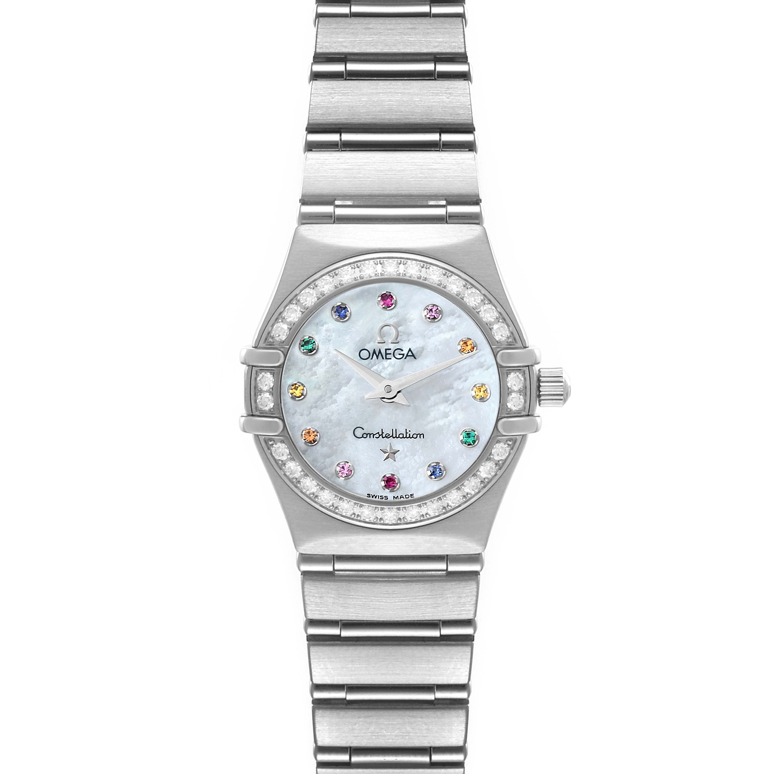 The Omega 1460.79.00 Women's Stainless Steel Mother of Pearl Dial 1460.79.00 Women's Stainless Steel Mother of Pearl Dial Constellation Iris Steel Multi Stone Ladies Watch model 1460.79.00 is shown from a front angle displaying the face and bracelet.