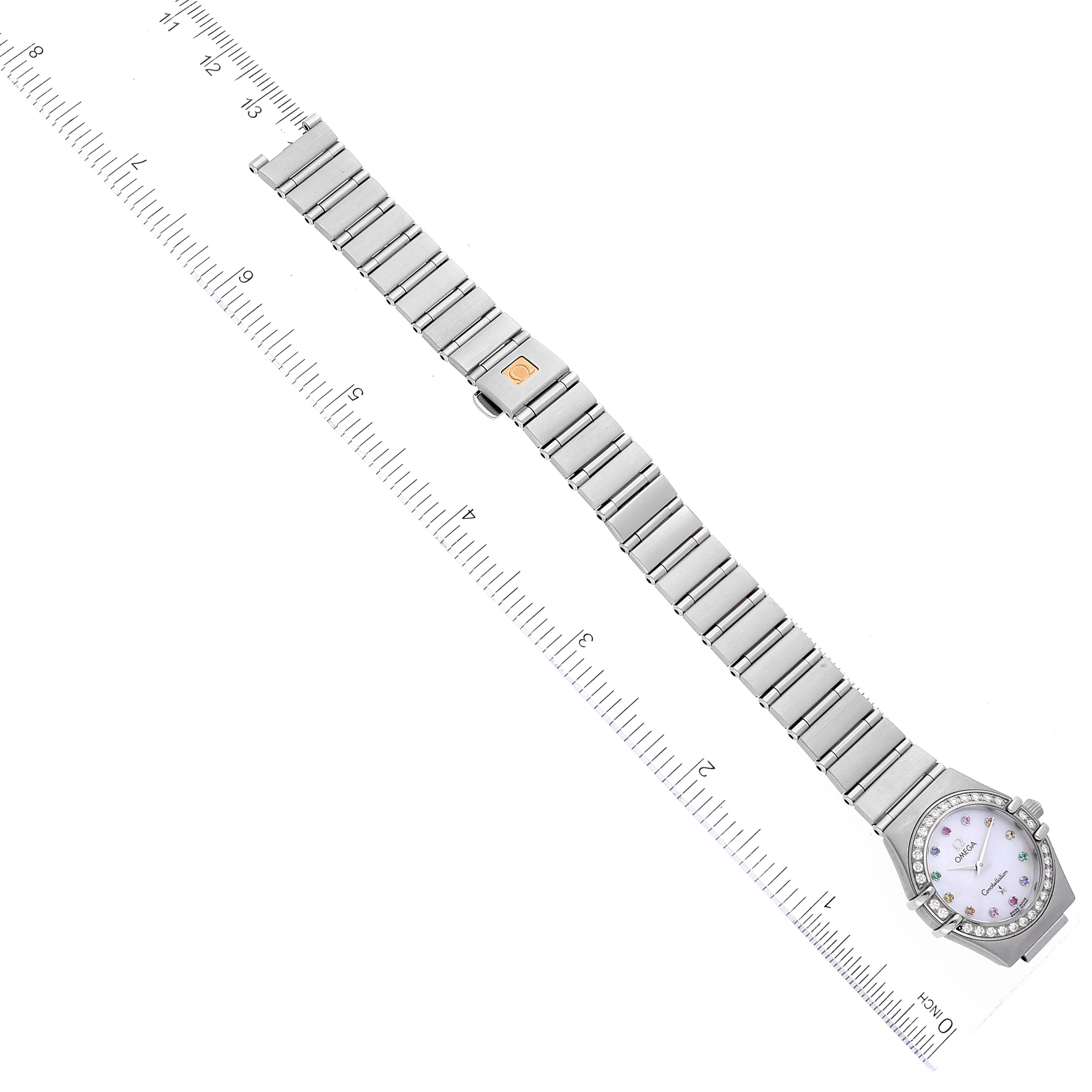 The image shows an Omega 1460.79.00 Women's Stainless Steel Mother of Pearl Dial 1460.79.00 Women's Stainless Steel Mother of Pearl Dial Constellation Iris Steel Multi Stone Ladies Watch 1460.79.00 laid flat with the full length of the strap visible.
