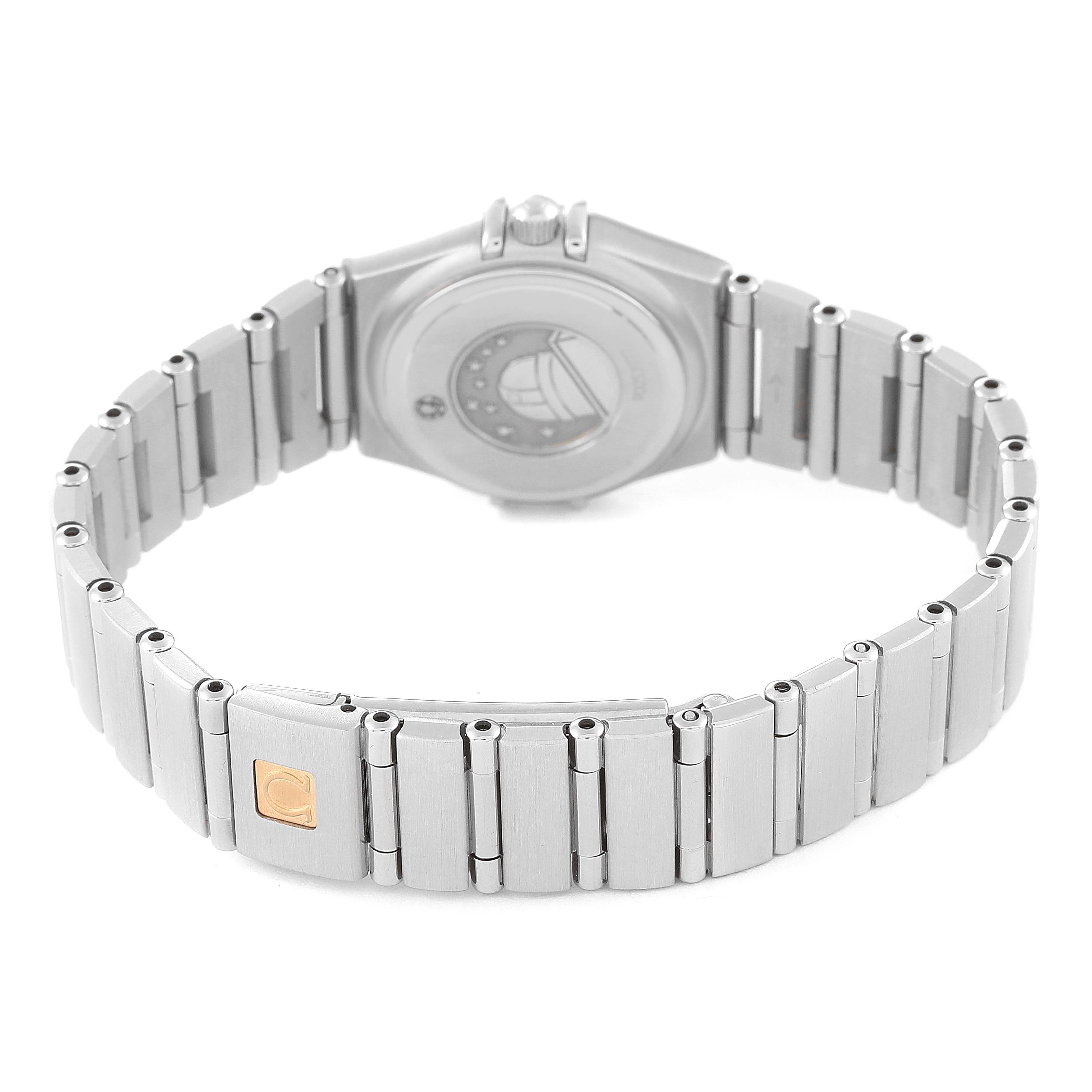 The image shows the back and bracelet of the Omega 1460.79.00 Women's Stainless Steel Mother of Pearl Dial 1460.79.00 Women's Stainless Steel Mother of Pearl Dial Constellation Iris Steel Multi Stone Ladies Watch 1460.79.00.