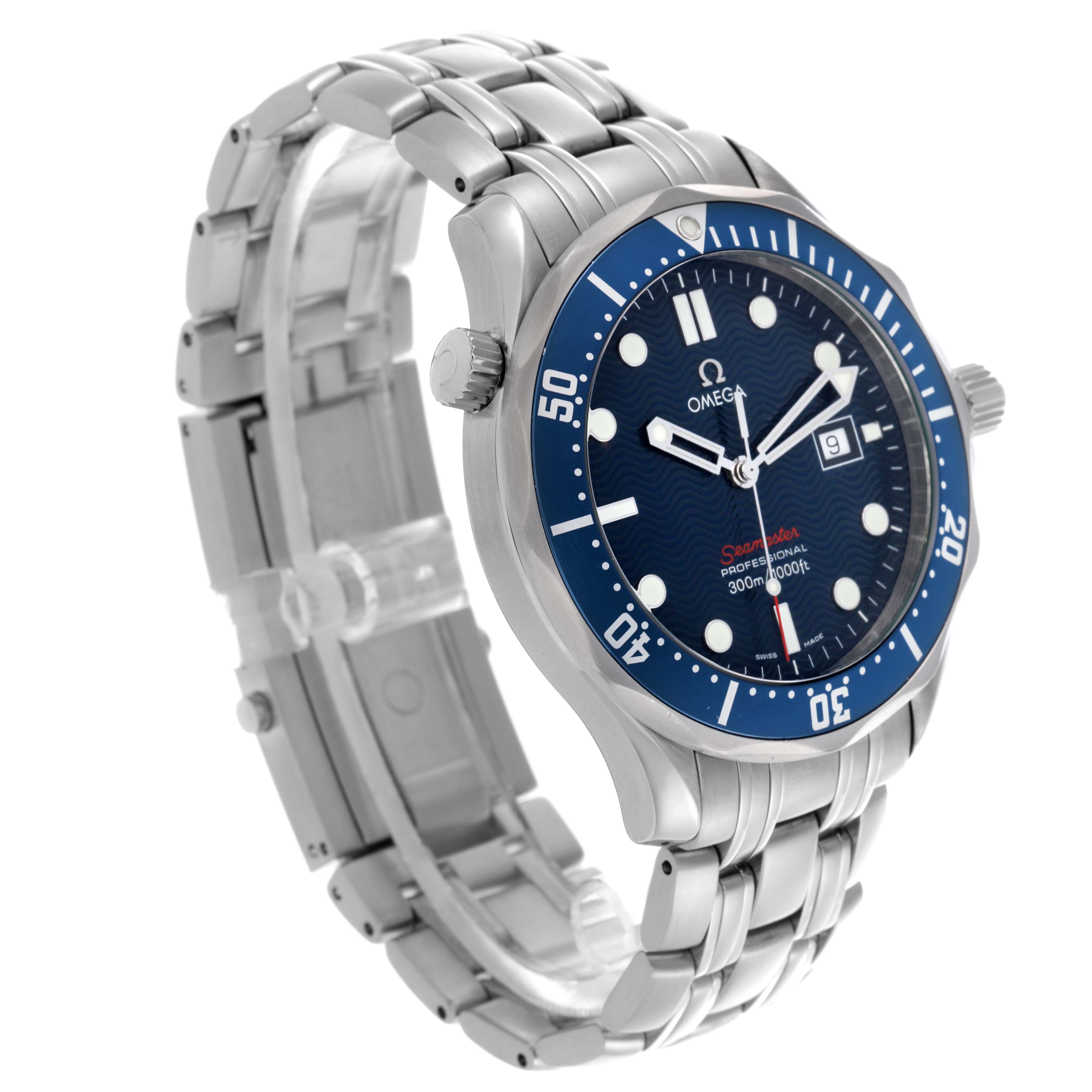 The Omega Seamaster 2221.80.00 Men
s Stainless Steel Blue Dial 2221.80.00 Men
s Stainless Steel Blue Dial is shown at a three-quarter angle, featuring the bezel, dial, crown, and stainless steel bracelet.